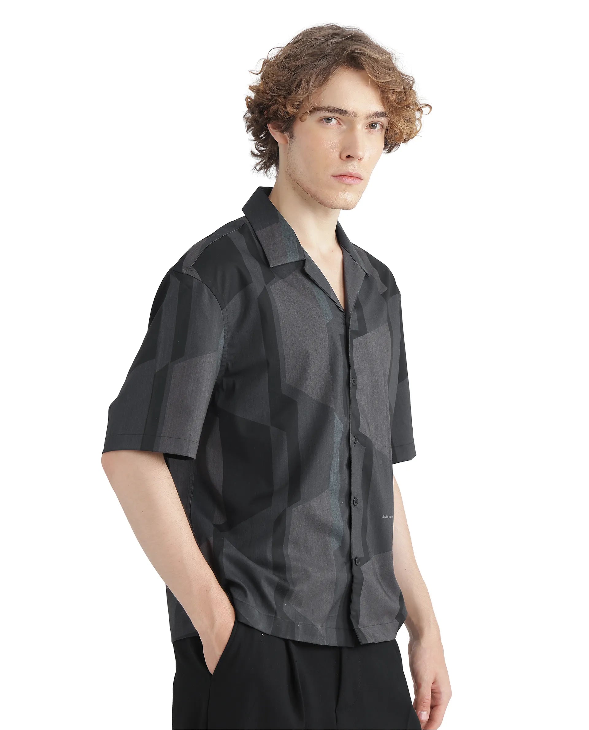 Rare Rabbit Men Wote Navy Cotton Fabric Half Sleeve Cuban Collared Boxy Fit Abstract Printed Shirt