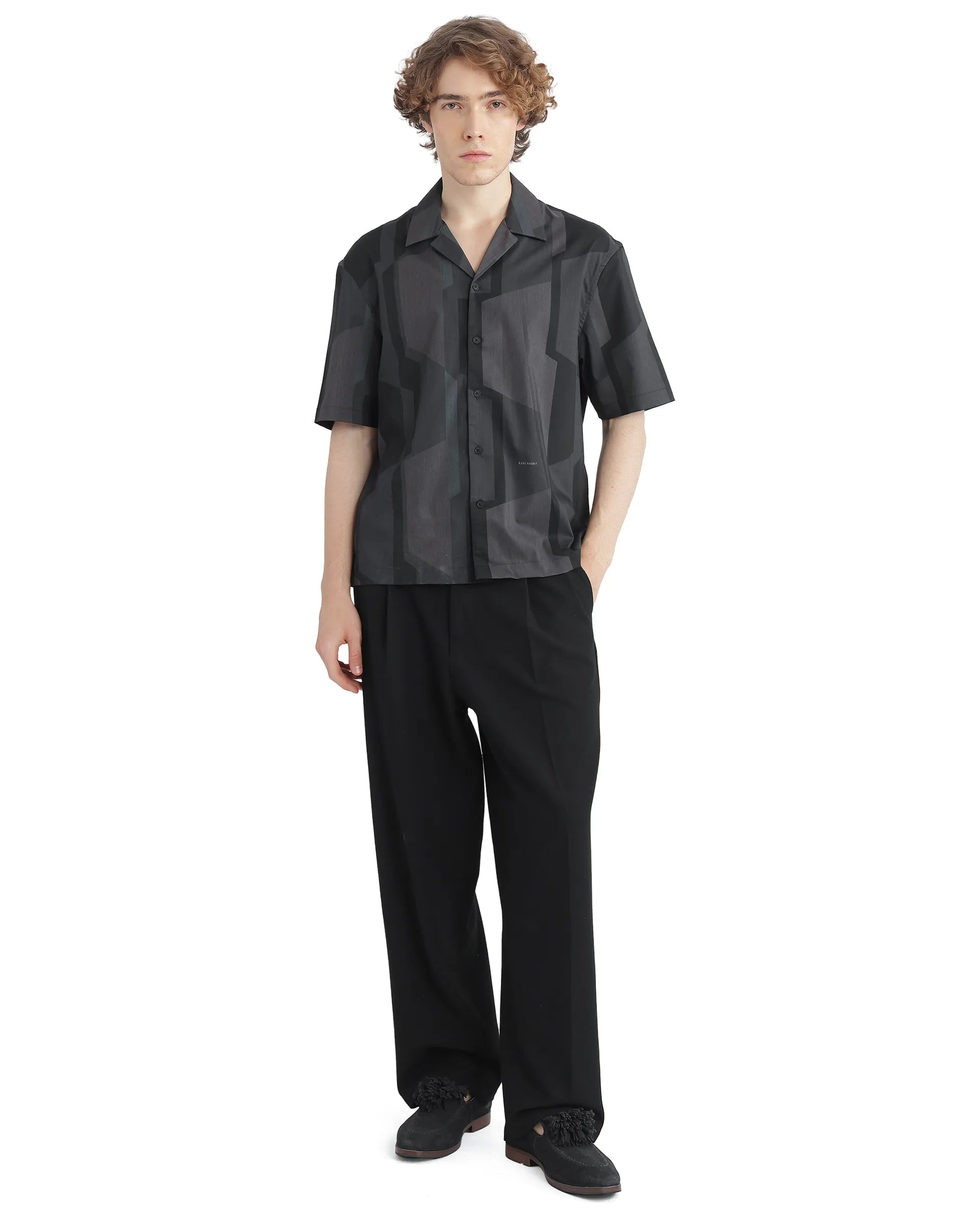 Rare Rabbit Men Wote Navy Cotton Fabric Half Sleeve Cuban Collared Boxy Fit Abstract Printed Shirt