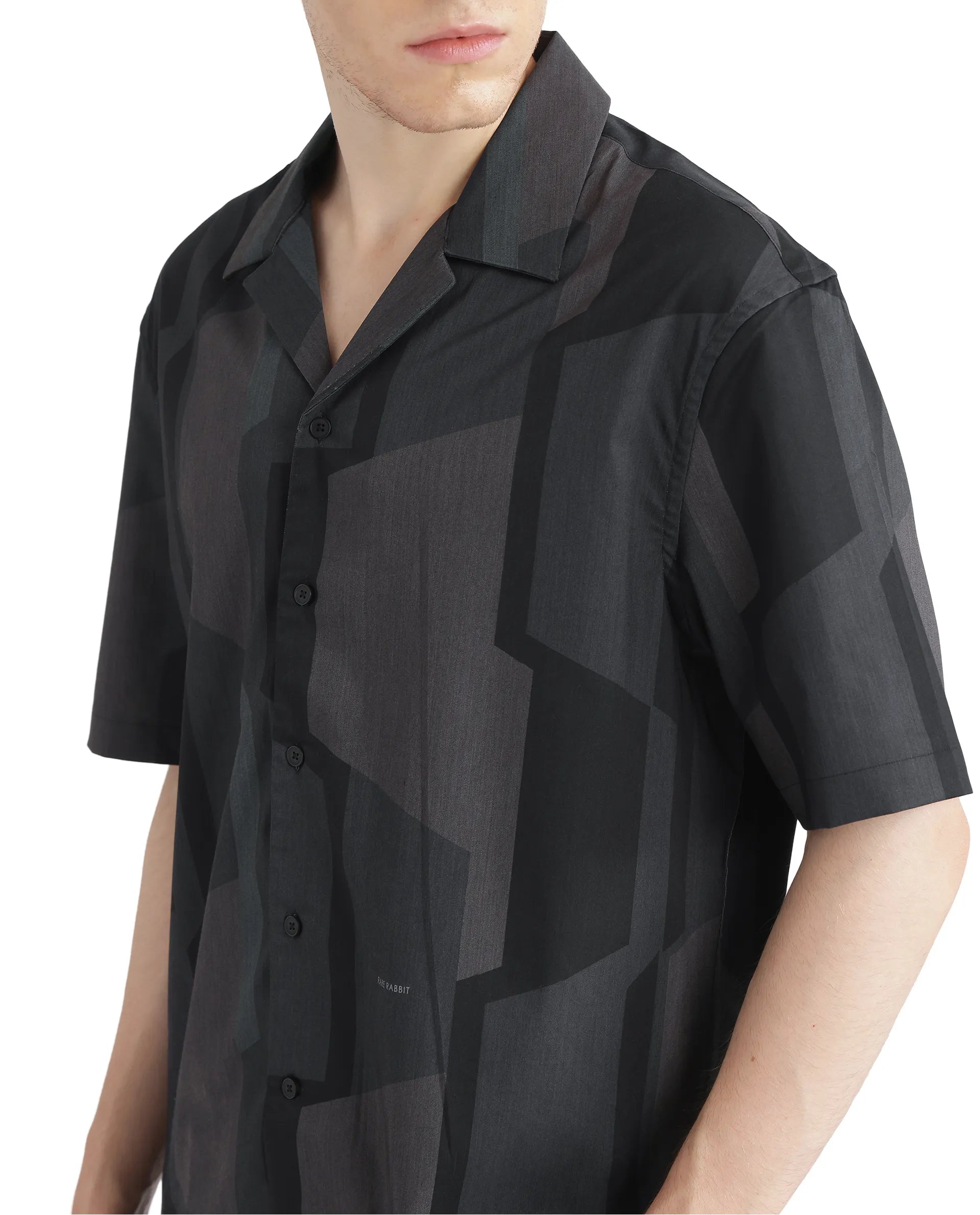 Rare Rabbit Men Wote Navy Cotton Fabric Half Sleeve Cuban Collared Boxy Fit Abstract Printed Shirt