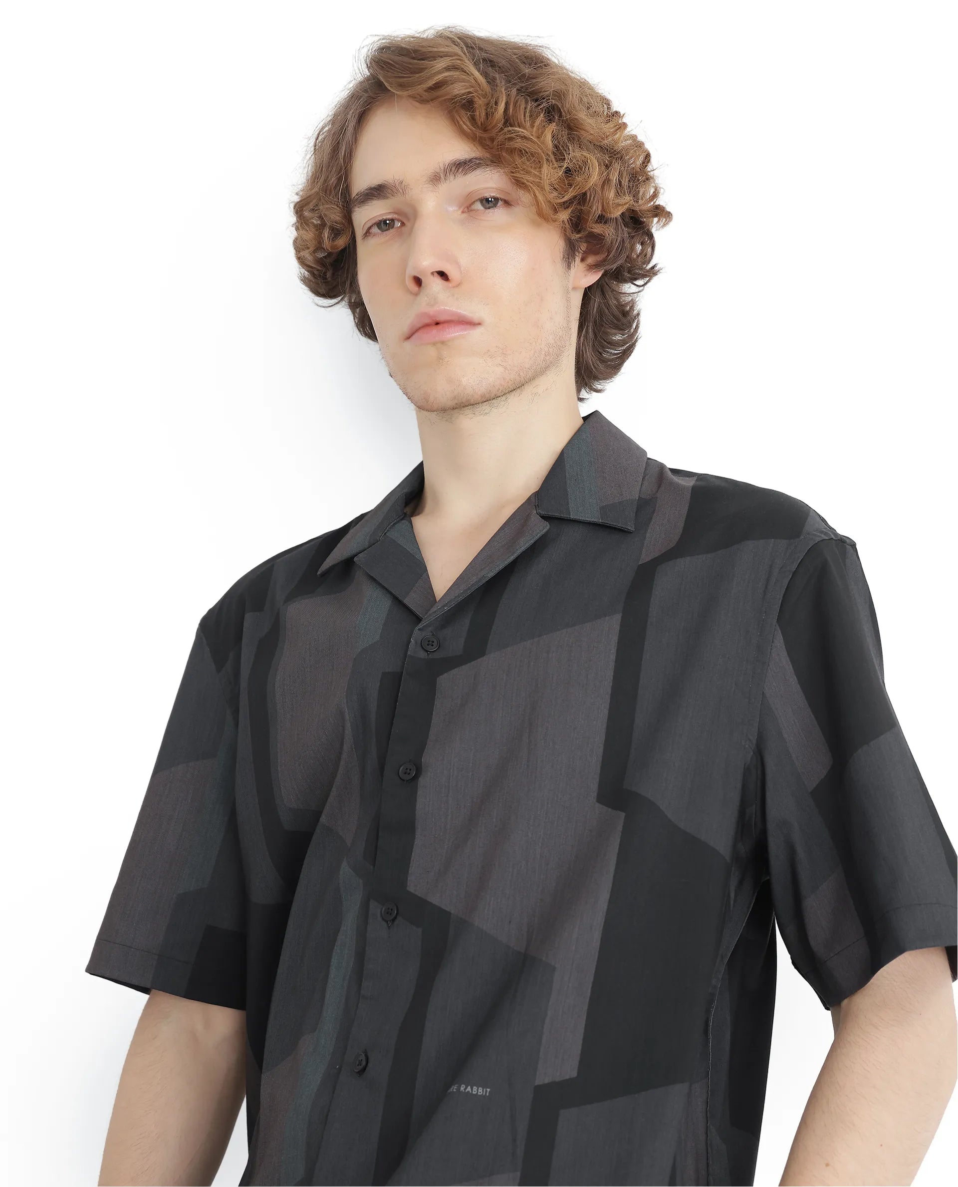 Rare Rabbit Men Wote Navy Cotton Fabric Half Sleeve Cuban Collared Boxy Fit Abstract Printed Shirt