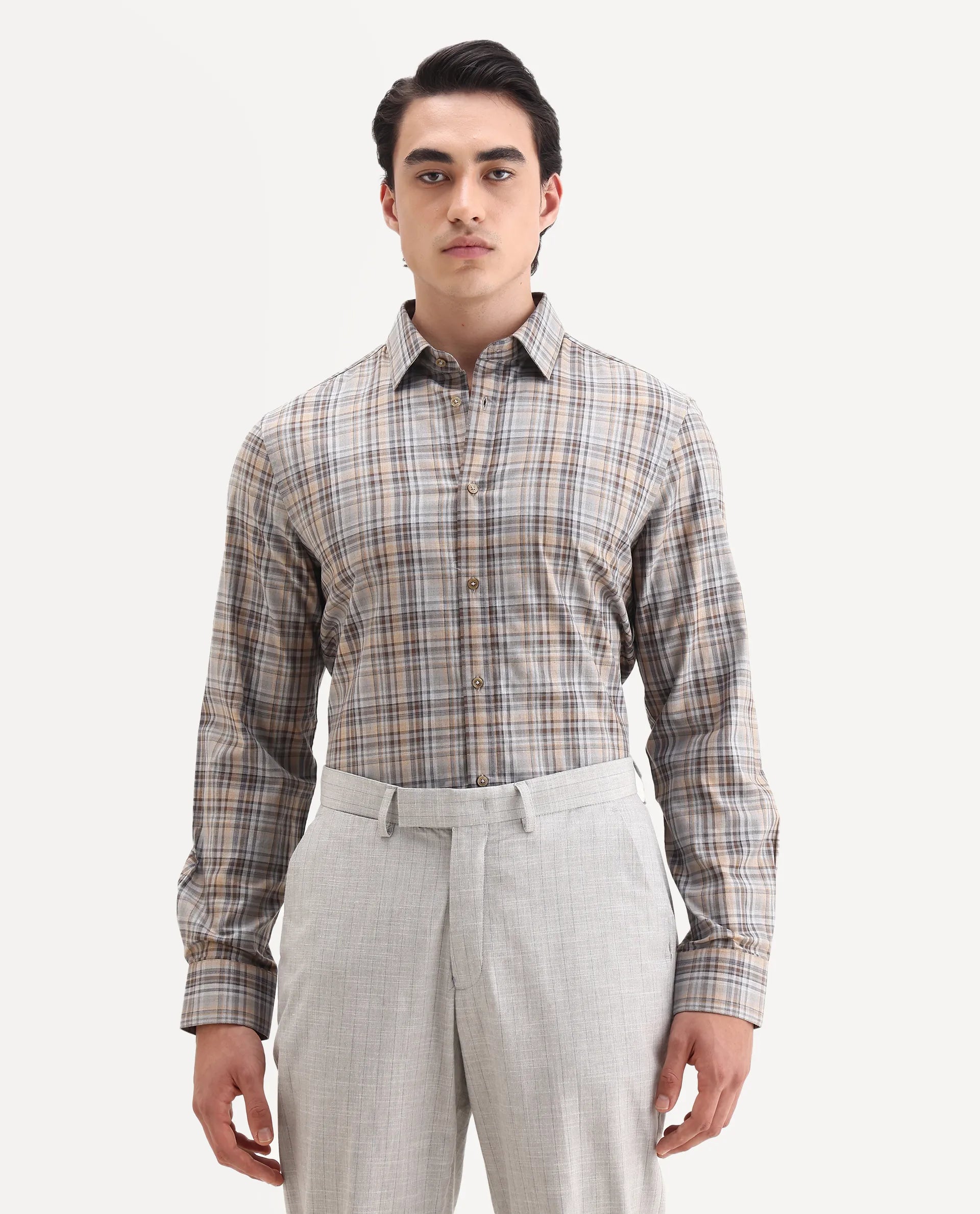 Rare Rabbit Men's Woti Grey Cotton Fabric Full Sleeve Collared Neck Regular Checked Shirt