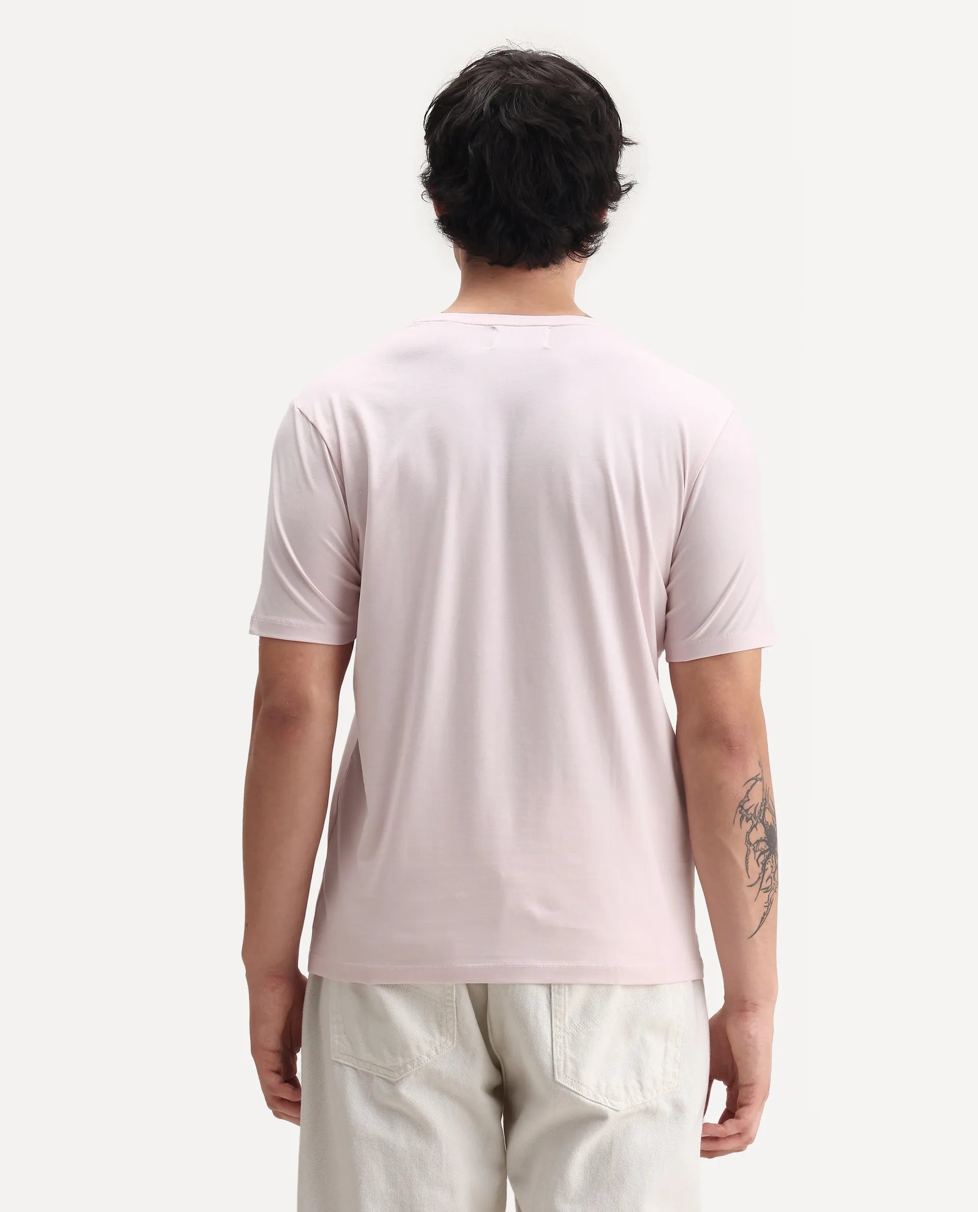 Rare Rabbit Men's Wrax Light Pink Cotton Blend Hd Print Regular Fit Half Sleeve Crew Neck T-Shirt