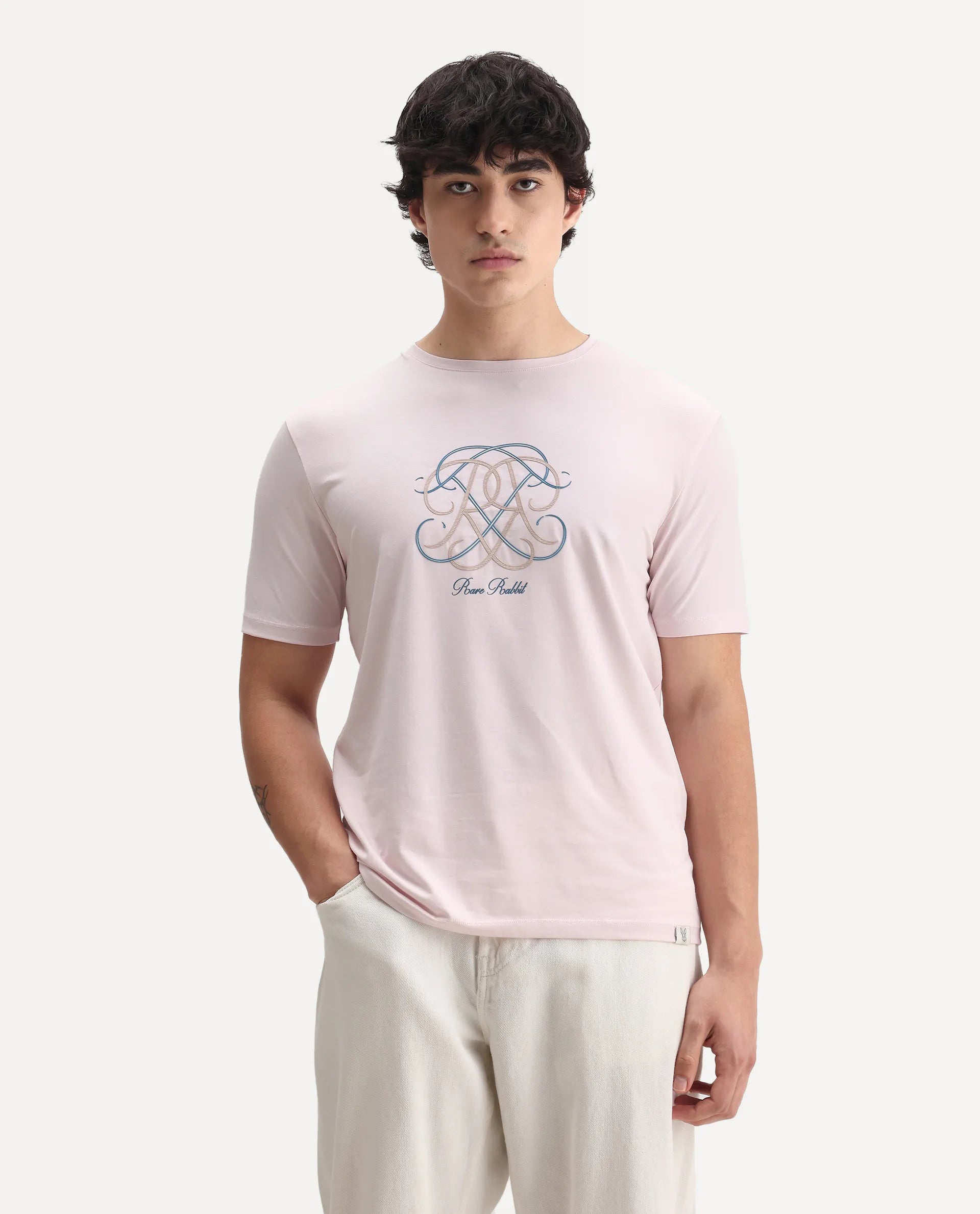 Rare Rabbit Men's Wrax Light Pink Cotton Blend Hd Print Regular Fit Half Sleeve Crew Neck T-Shirt