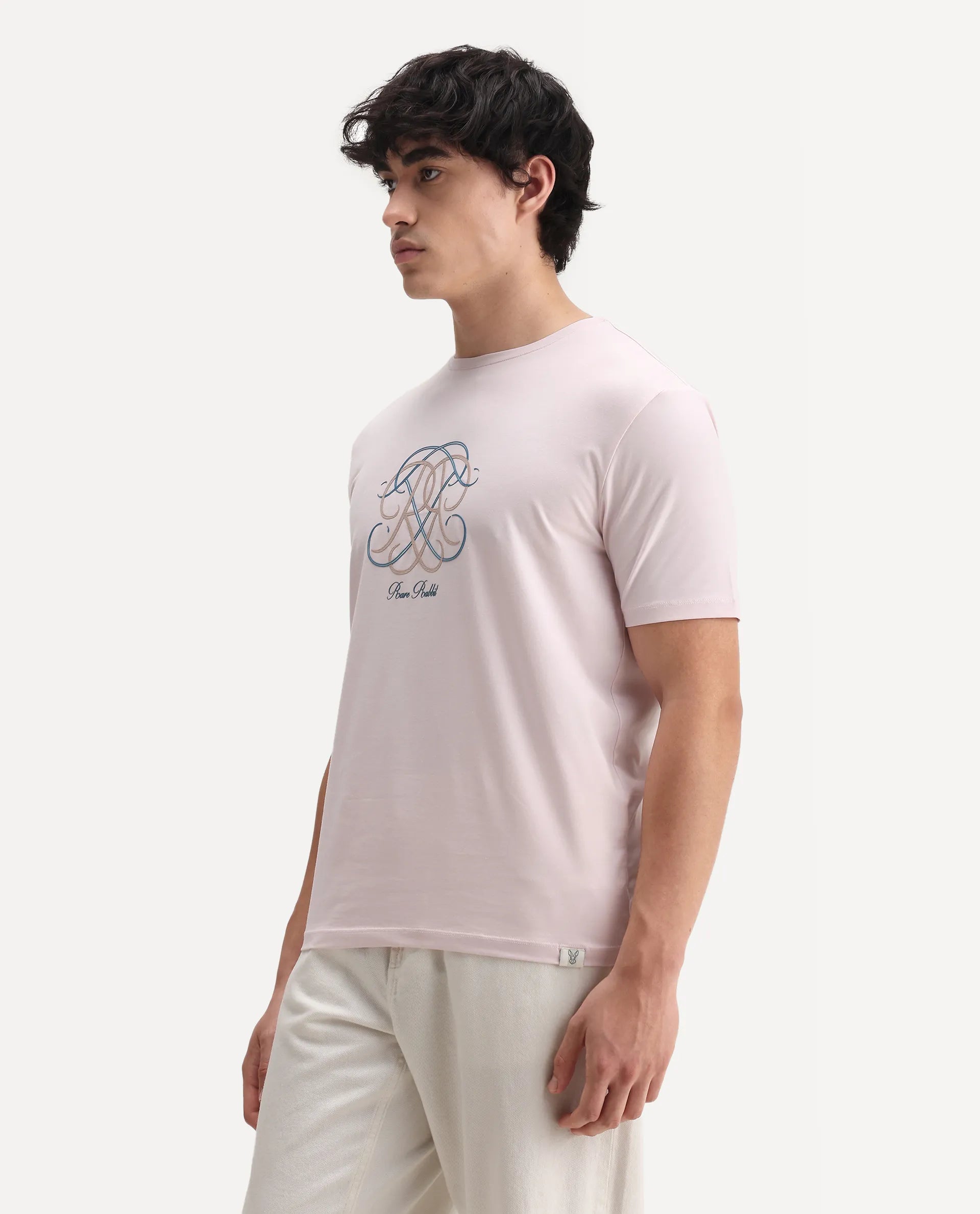 Rare Rabbit Men's Wrax Light Pink Cotton Blend Hd Print Regular Fit Half Sleeve Crew Neck T-Shirt