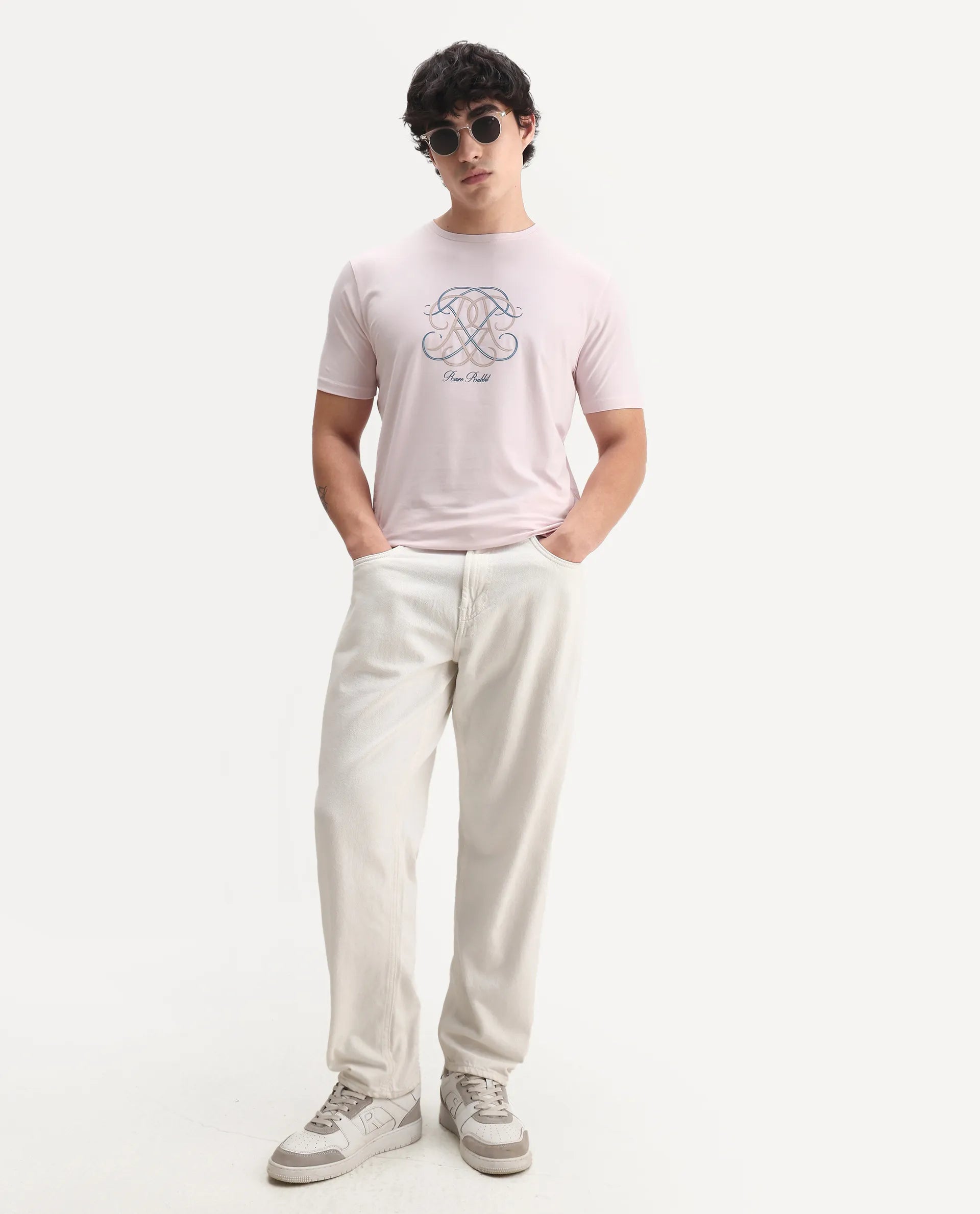 Rare Rabbit Men's Wrax Light Pink Cotton Blend Hd Print Regular Fit Half Sleeve Crew Neck T-Shirt