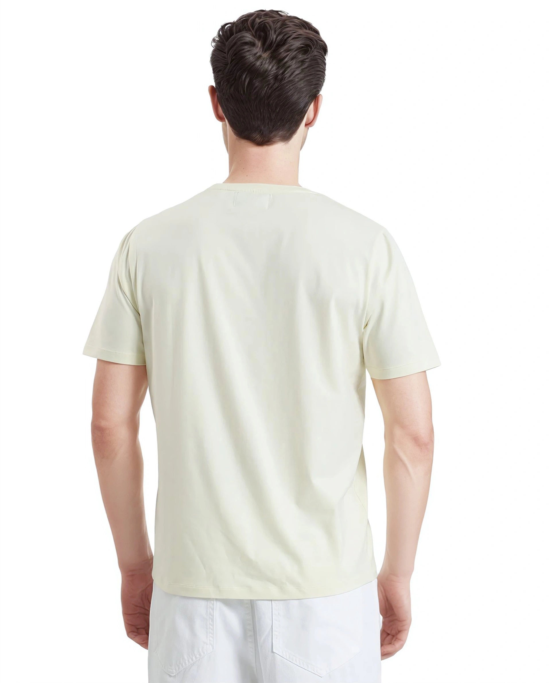 Rare Rabbit Men Wrax Pastel Yellow Cotton Blend Fabric Short Sleeve Crew Neck Regular Fit Grophic Print T-Shirt