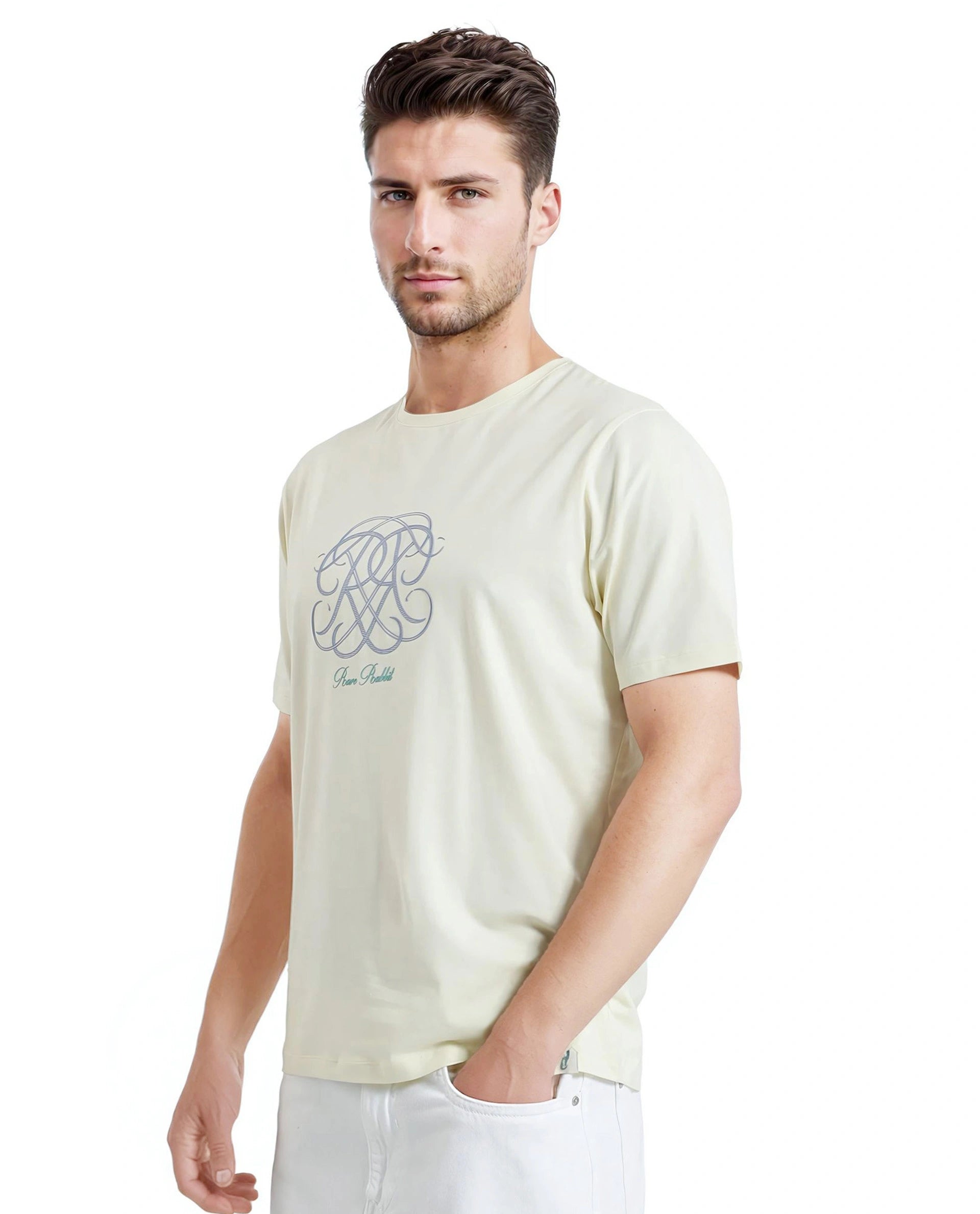 Rare Rabbit Men Wrax Pastel Yellow Cotton Blend Fabric Short Sleeve Crew Neck Regular Fit Grophic Print T-Shirt