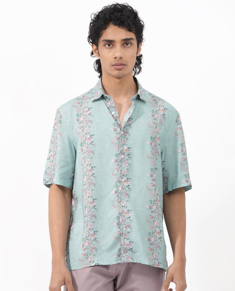 Rare Rabbit Men's Wreath Light Aqua Cotton Fabric Half Sleeves Floral Print Shirt