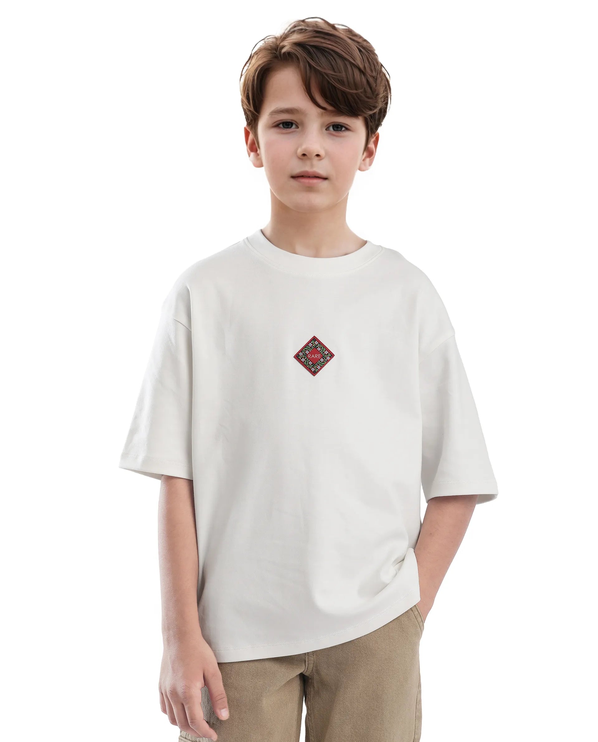 Rare Ones Kids Wuo Off White Cotton Half Sleeve Solid Slip-On Closure Regular Fit T-Shirt