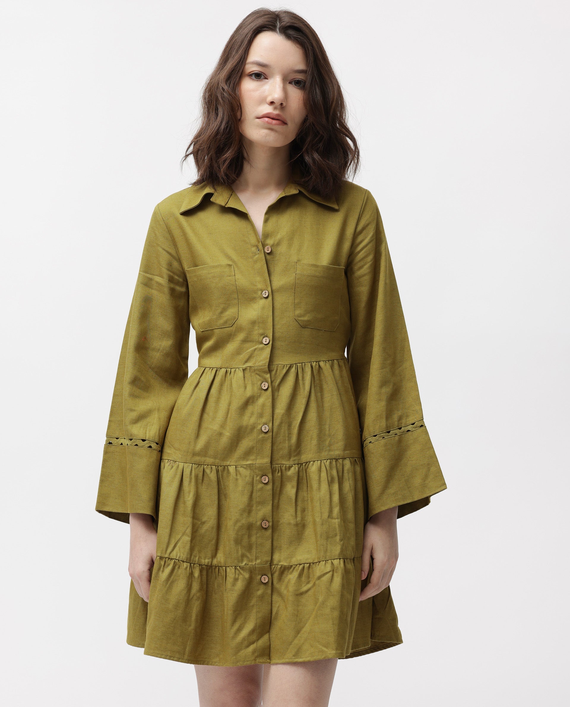 Rareism Women Wyatt Green Shirt Collar Bell Sleeves Front Full Button Closure Placket With Patch Pockets Tiered Mini Dress