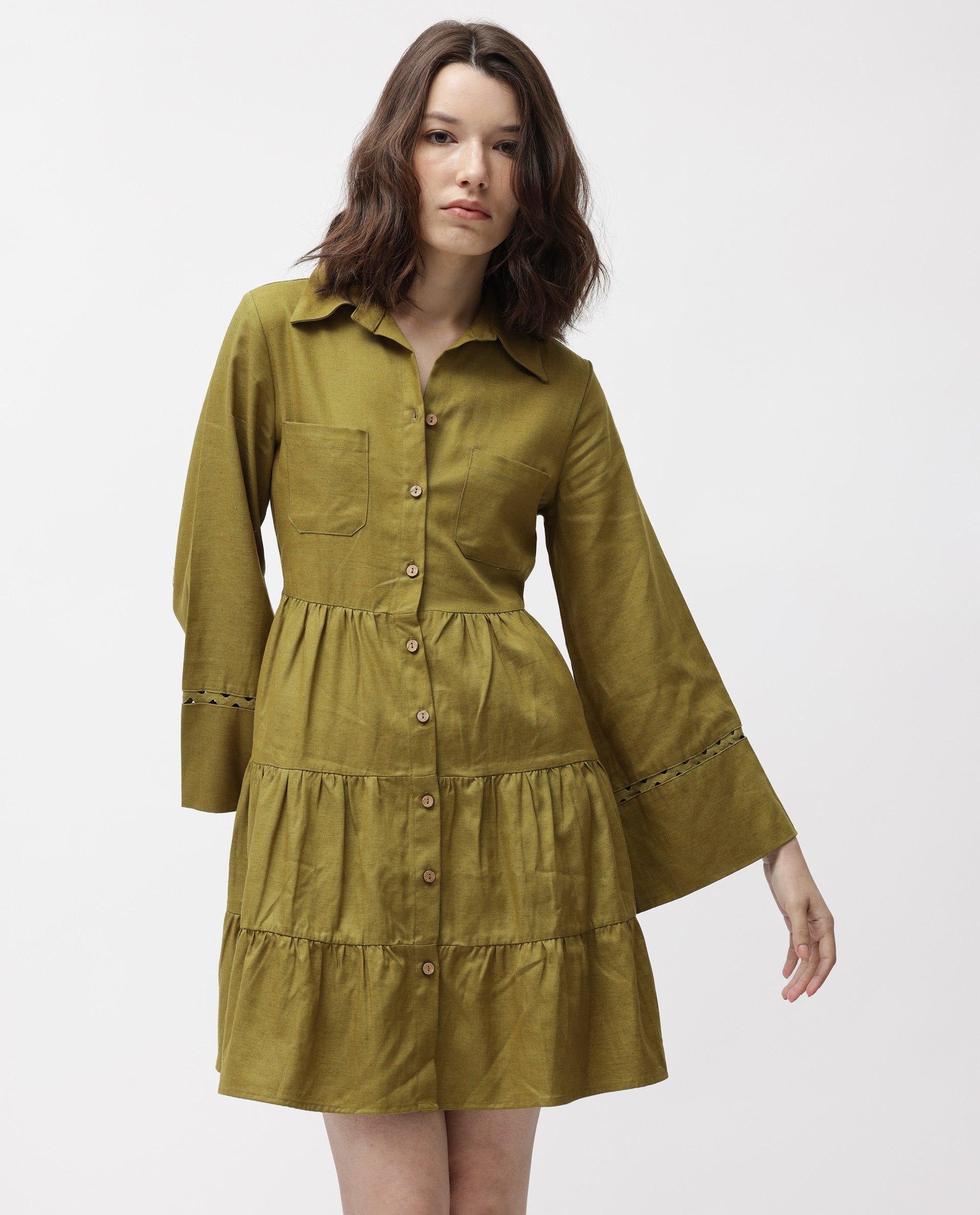Rareism Women Wyatt Green Shirt Collar Bell Sleeves Front Full Button Closure Placket With Patch Pockets Tiered Mini Dress