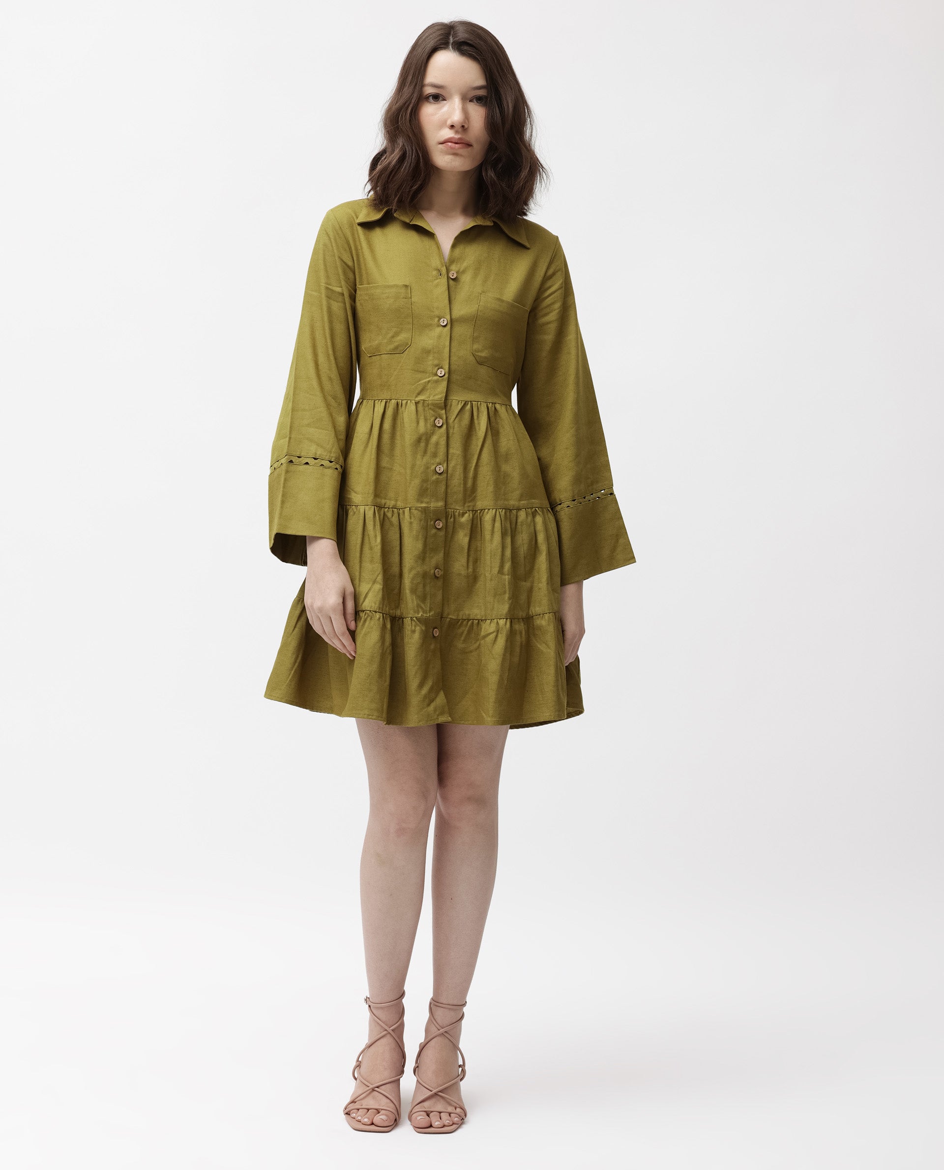 Rareism Women Wyatt Green Shirt Collar Bell Sleeves Front Full Button Closure Placket With Patch Pockets Tiered Mini Dress