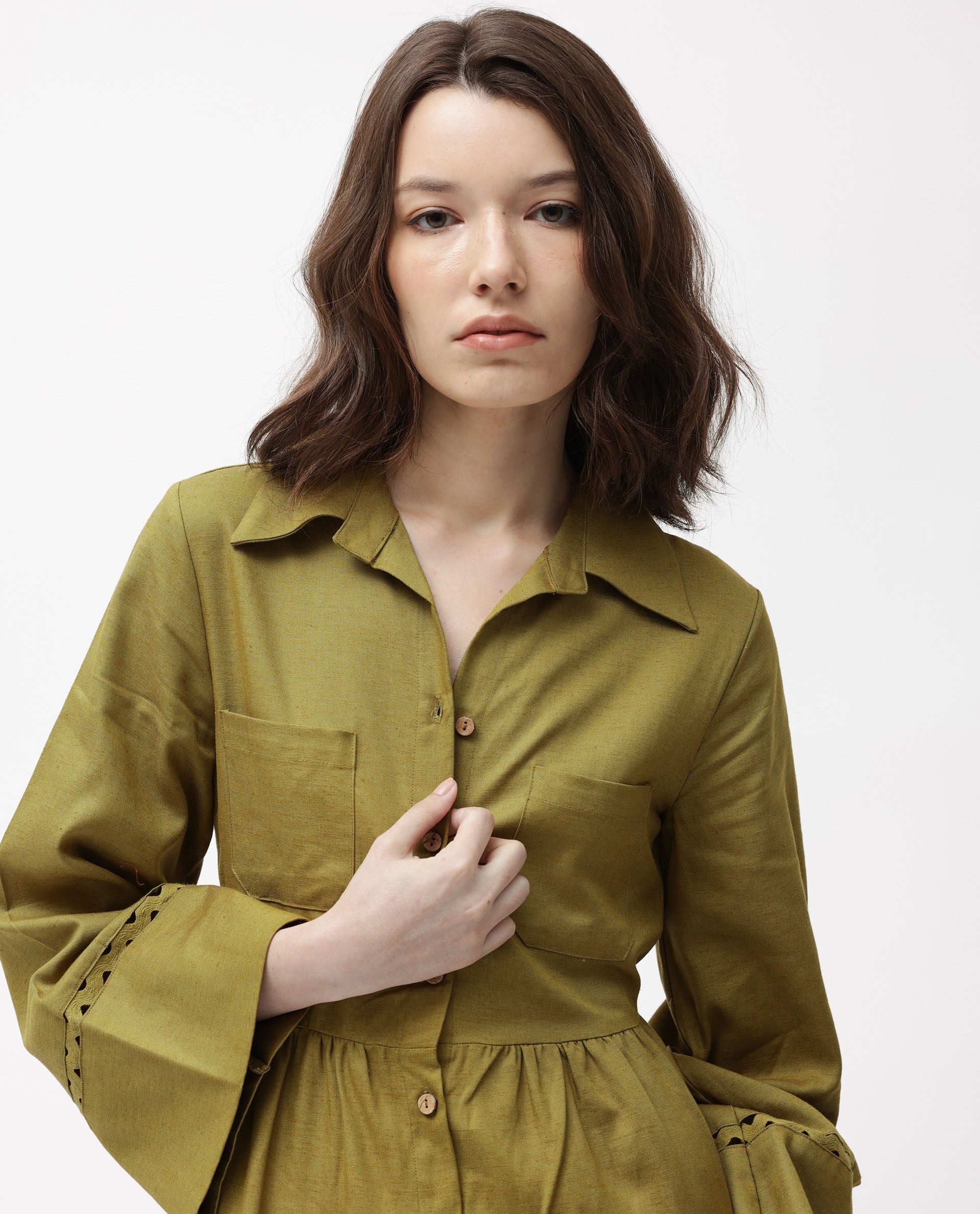 Rareism Women Wyatt Green Shirt Collar Bell Sleeves Front Full Button Closure Placket With Patch Pockets Tiered Mini Dress