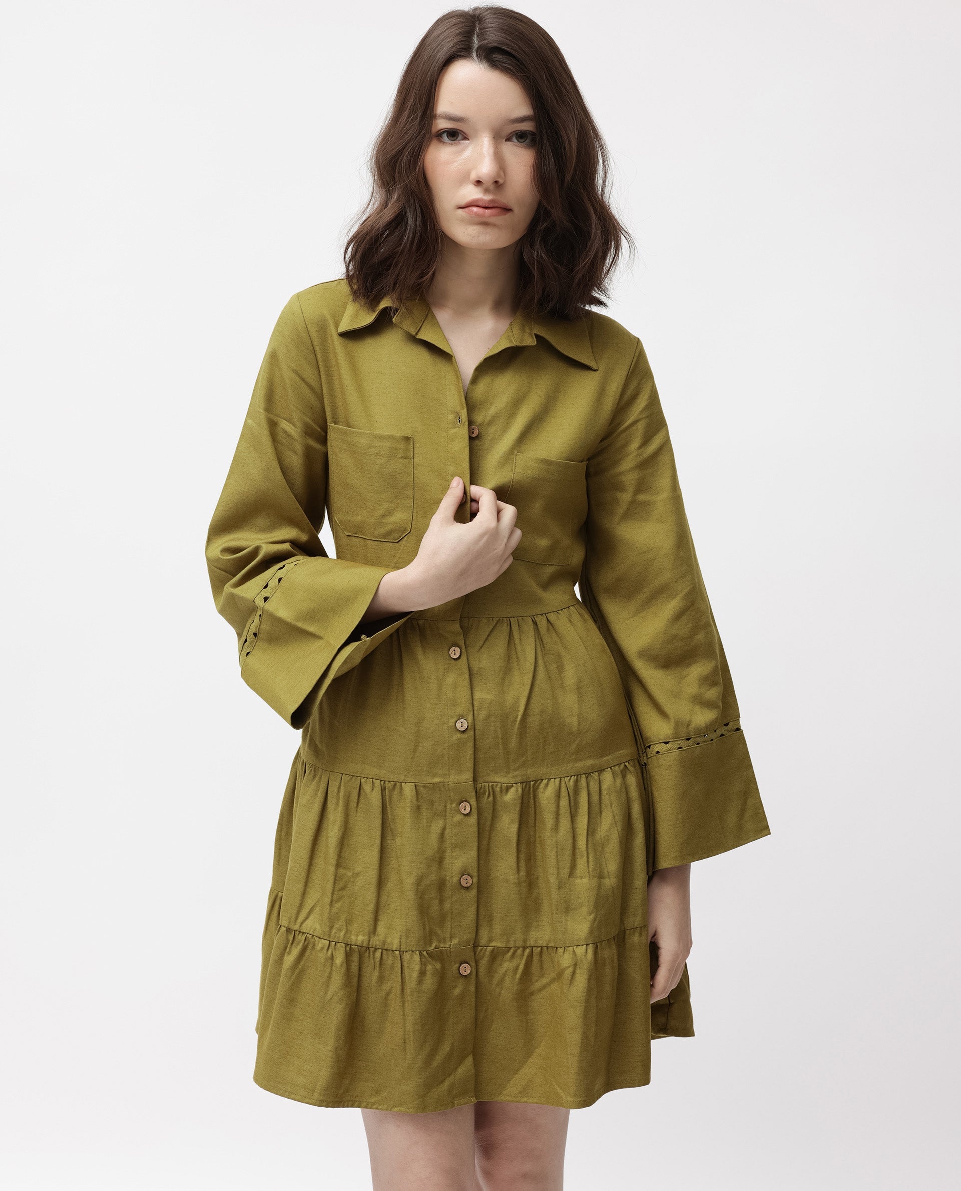 Rareism Women Wyatt Green Shirt Collar Bell Sleeves Front Full Button Closure Placket With Patch Pockets Tiered Mini Dress