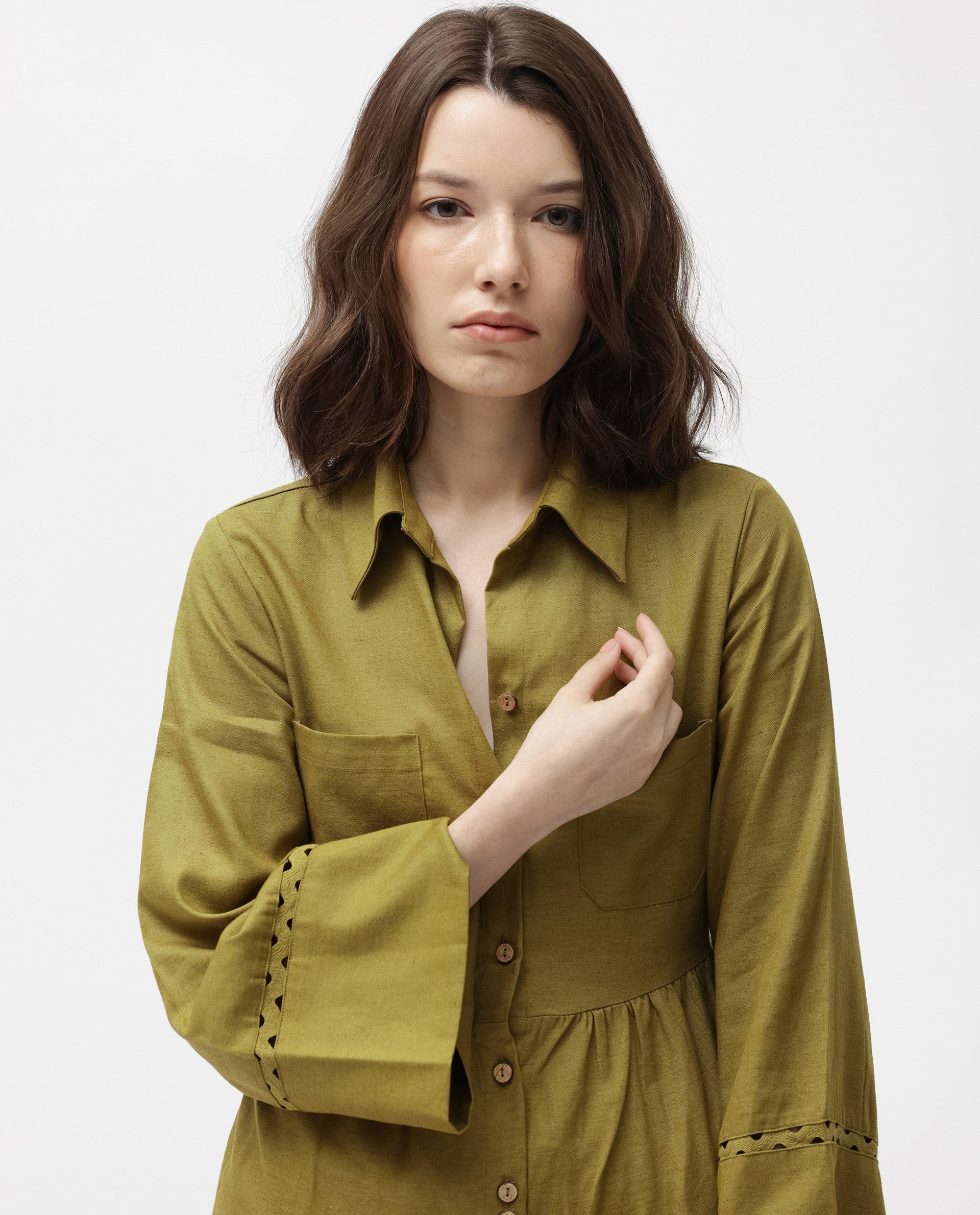 Rareism Women Wyatt Green Shirt Collar Bell Sleeves Front Full Button Closure Placket With Patch Pockets Tiered Mini Dress