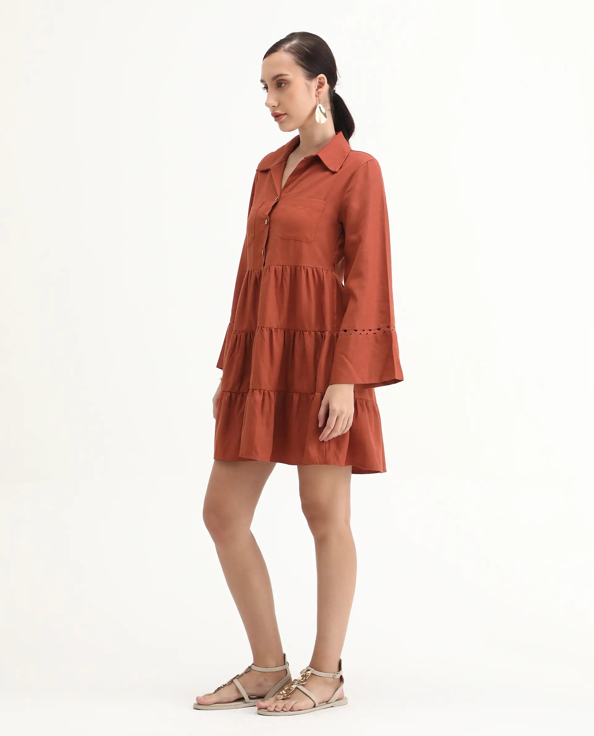 Rareism Women's Wyatt Rust Cotton Blend Spread Collar Plain Bell Sleeve Mini Regular Fit Dress