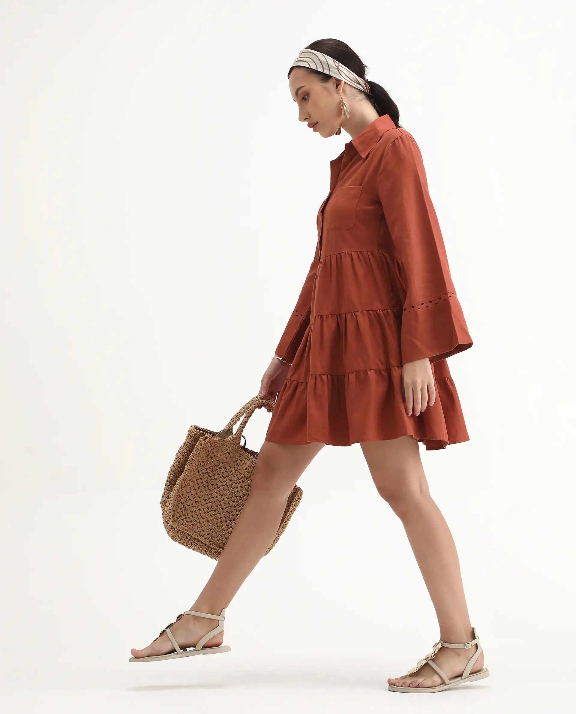 Rareism Women's Wyatt Rust Cotton Blend Spread Collar Plain Bell Sleeve Mini Regular Fit Dress