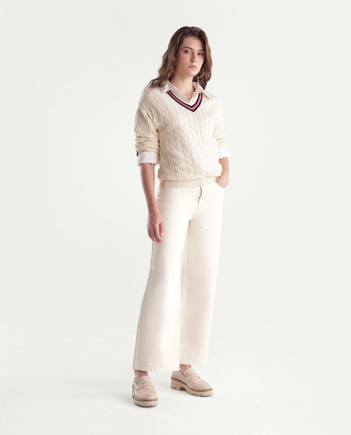 Rareism Women's Wyde-2 Off White Cotton Shank And Zipper Sculpt High Wide Plain Jeans