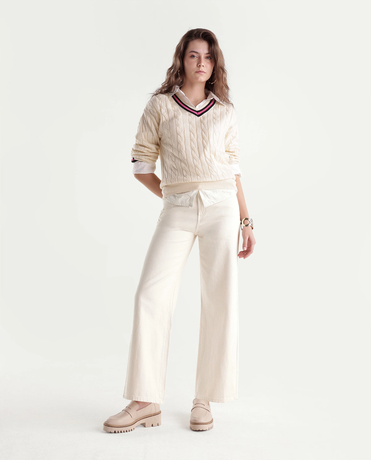 Rareism Women's Wyde-2 Off White Cotton Shank And Zipper Sculpt High Wide Plain Jeans