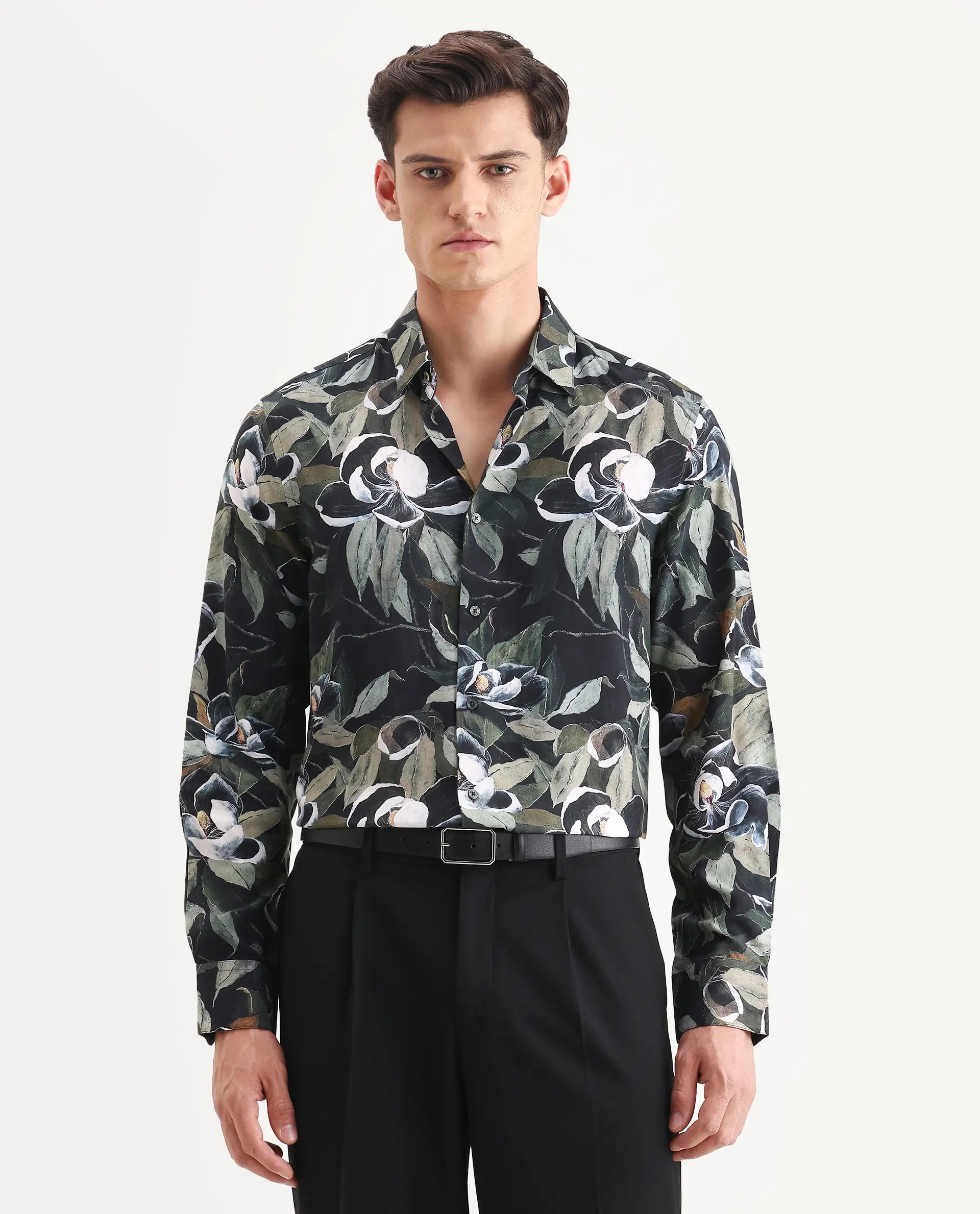 Rare Rabbit Men's Wyna Dark Green Viscose Fabric Collared Neck Regular Fit Floral Print Shirt