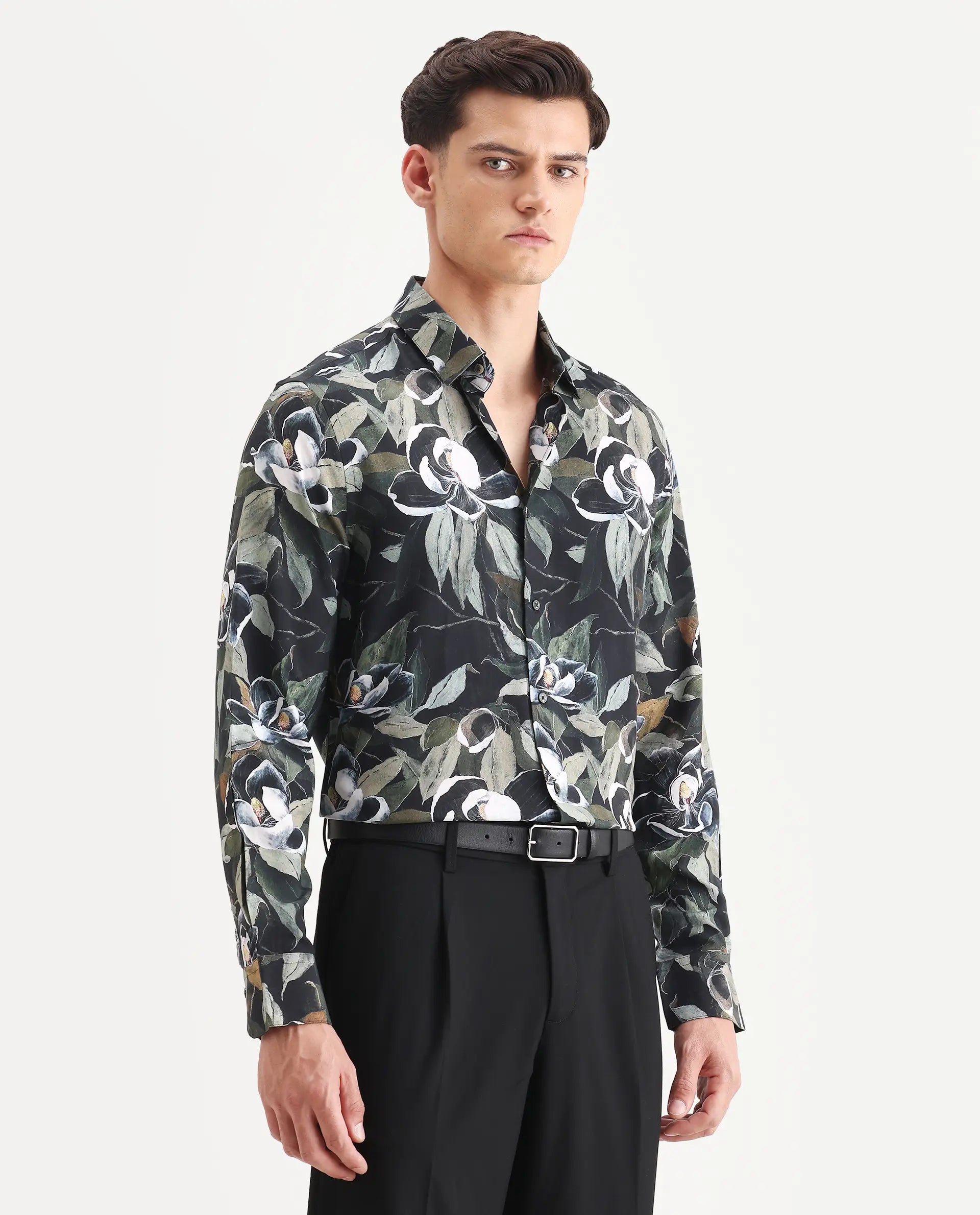 Rare Rabbit Men's Wyna Dark Green Viscose Fabric Collared Neck Regular Fit Floral Print Shirt