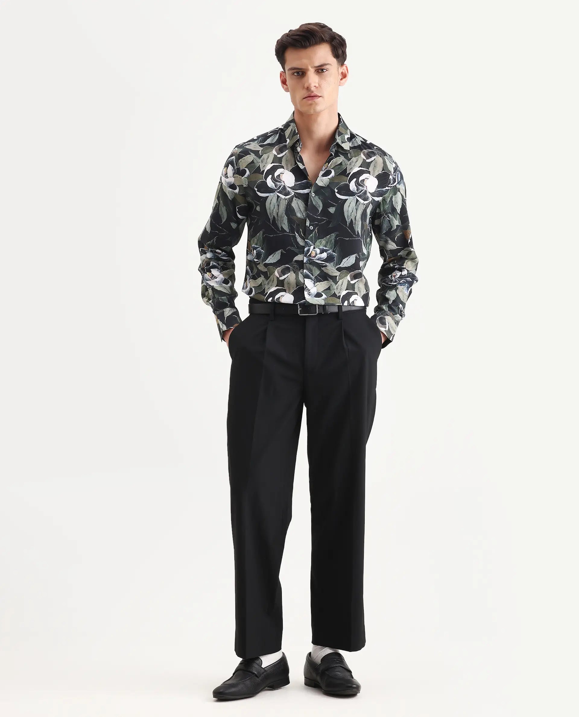 Rare Rabbit Men's Wyna Dark Green Viscose Fabric Collared Neck Regular Fit Floral Print Shirt