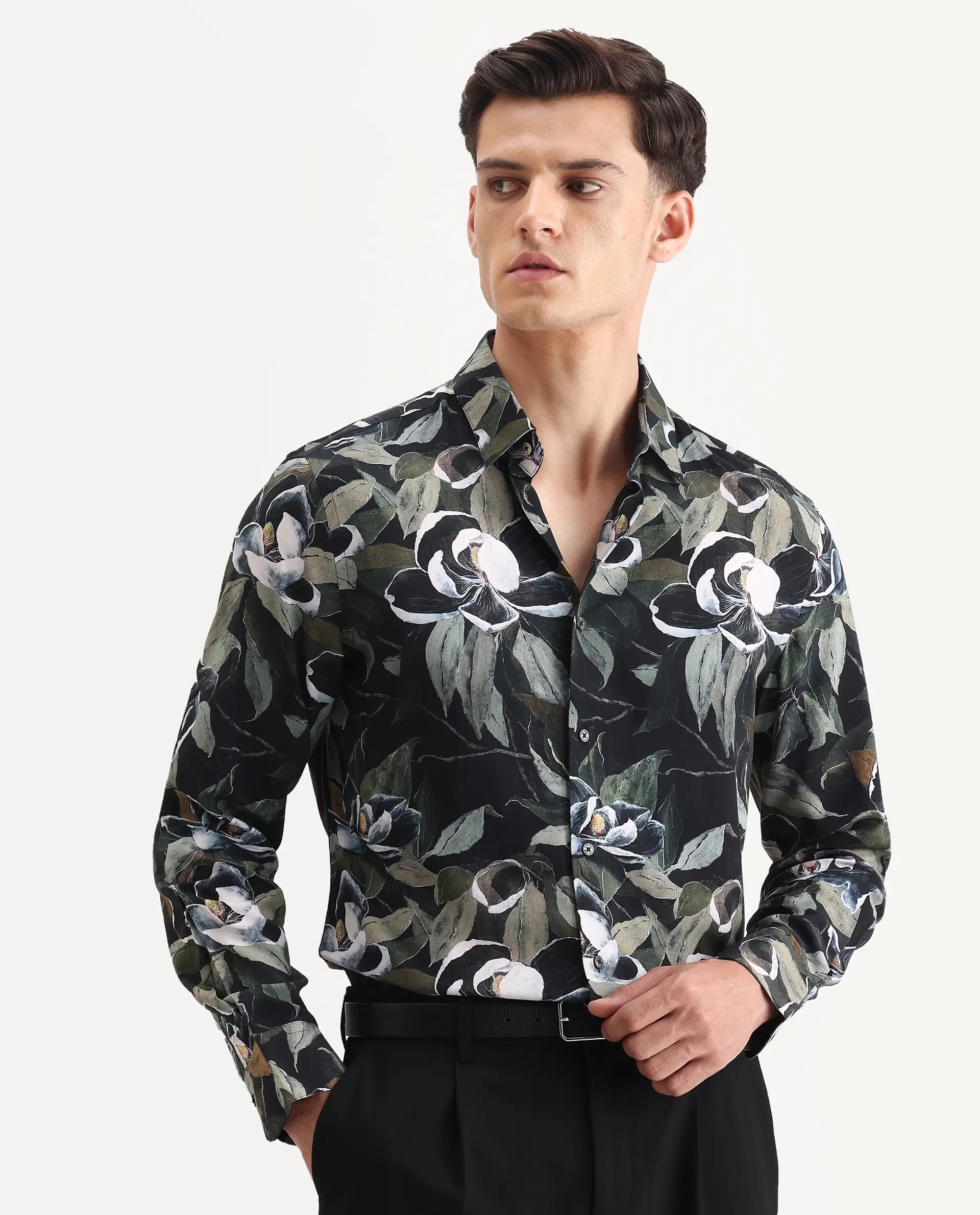 Rare Rabbit Men's Wyna Dark Green Viscose Fabric Collared Neck Regular Fit Floral Print Shirt