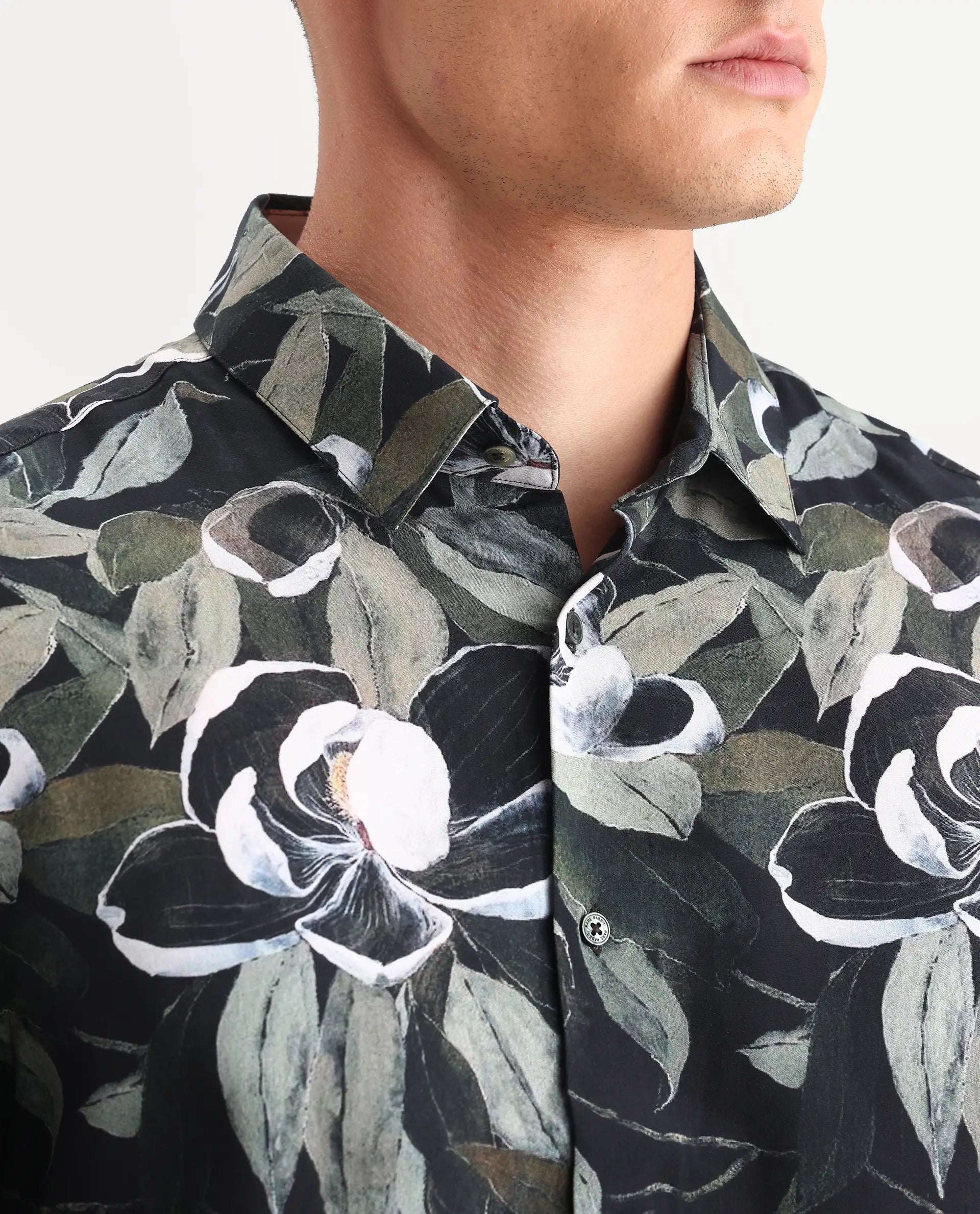 Rare Rabbit Men's Wyna Dark Green Viscose Fabric Collared Neck Regular Fit Floral Print Shirt