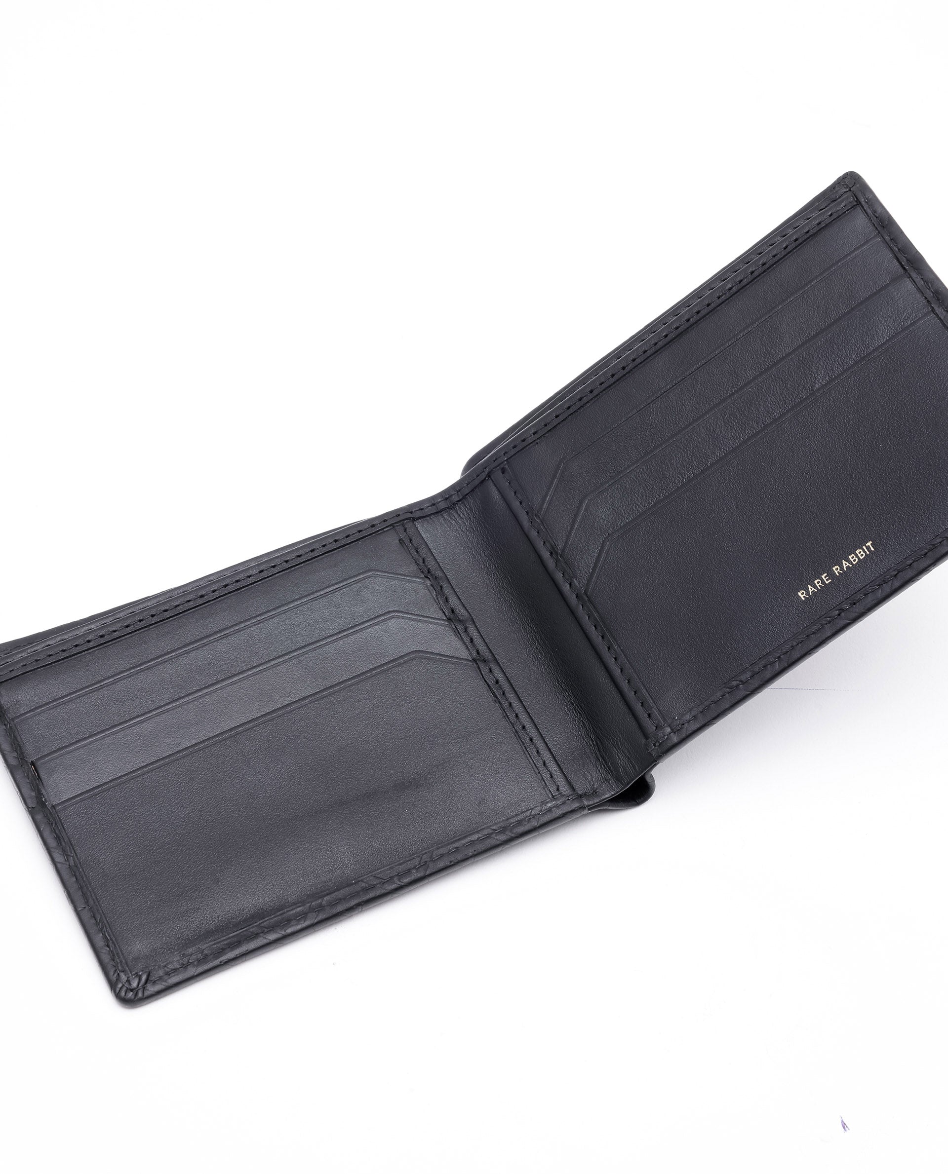 Rare Rabbit Men's Rhon Black Slim Bi Fold RFID Embossed Monogram Wallet