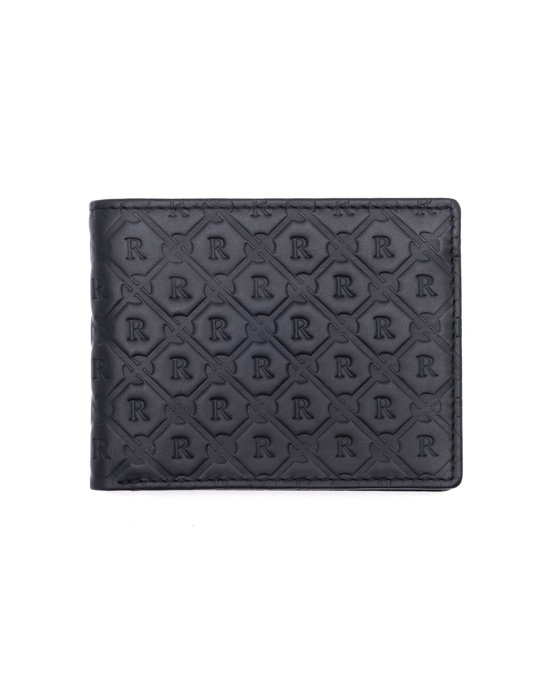 Rare Rabbit Men's Rhon Black Slim Bi Fold RFID Embossed Monogram Wallet