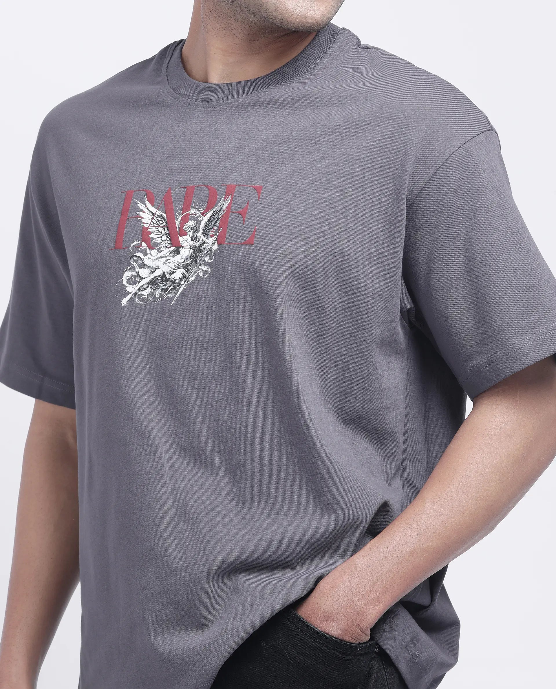 Rare Rabbit Men's Xab Dark Grey Cotton Graphic Print Oversized Fit Half Sleeve Crew Neck T-Shirt