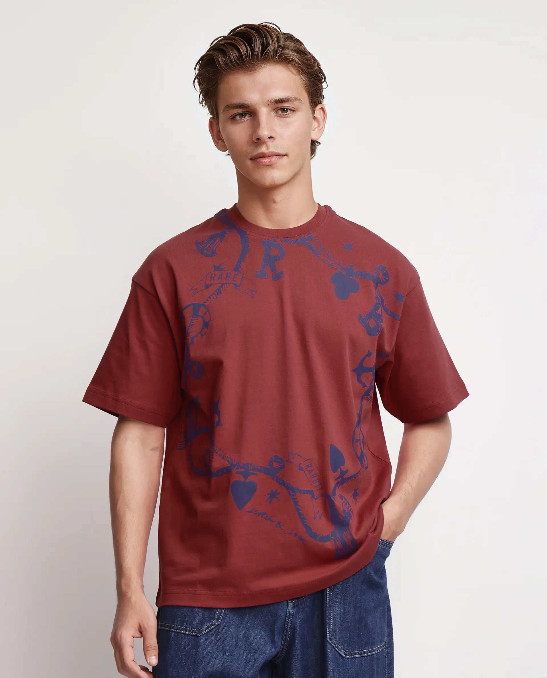 Rare Rabbit Men Xab Pastel Red Cotton Fabric Short Sleeve Crew Neck Oversized Fit Graphic Print T-Shirt