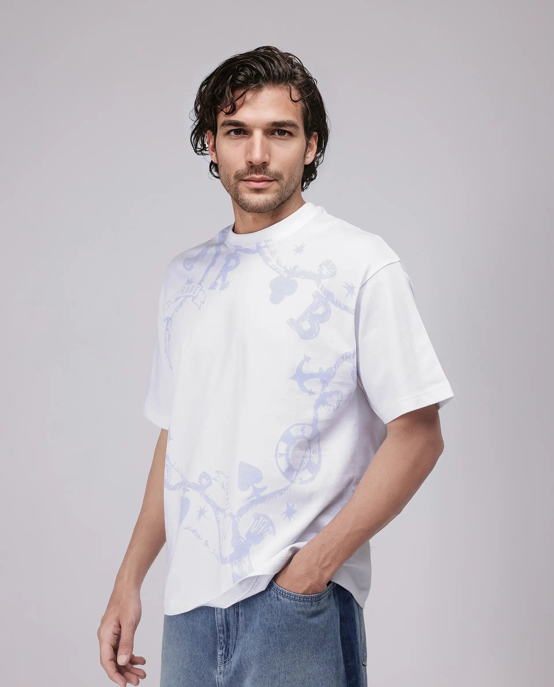 Rare Rabbit Men Xab White Cotton Fabric Short Sleeve Crew Neck Oversized Fit Graphic Print T-Shirt