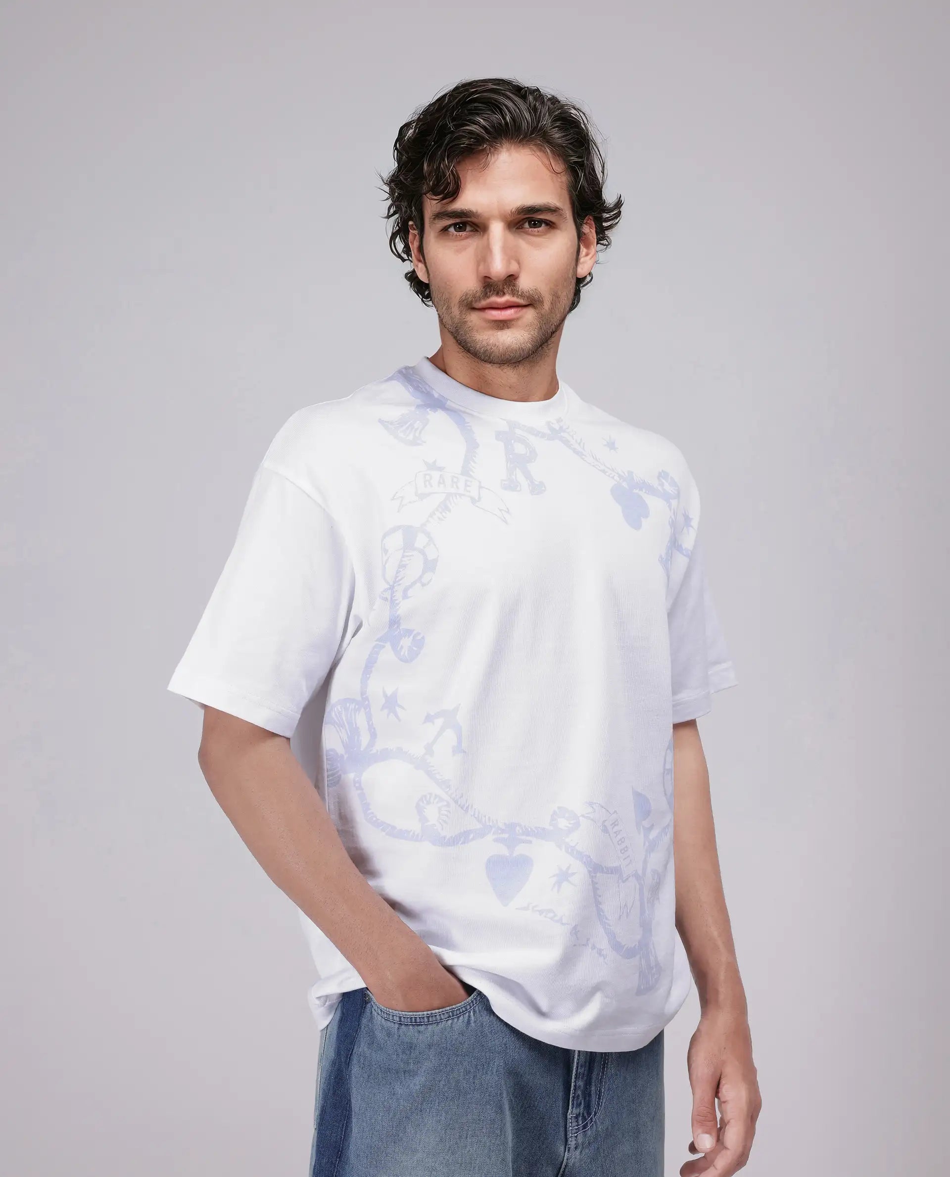 Rare Rabbit Men Xab White Cotton Fabric Short Sleeve Crew Neck Oversized Fit Graphic Print T-Shirt