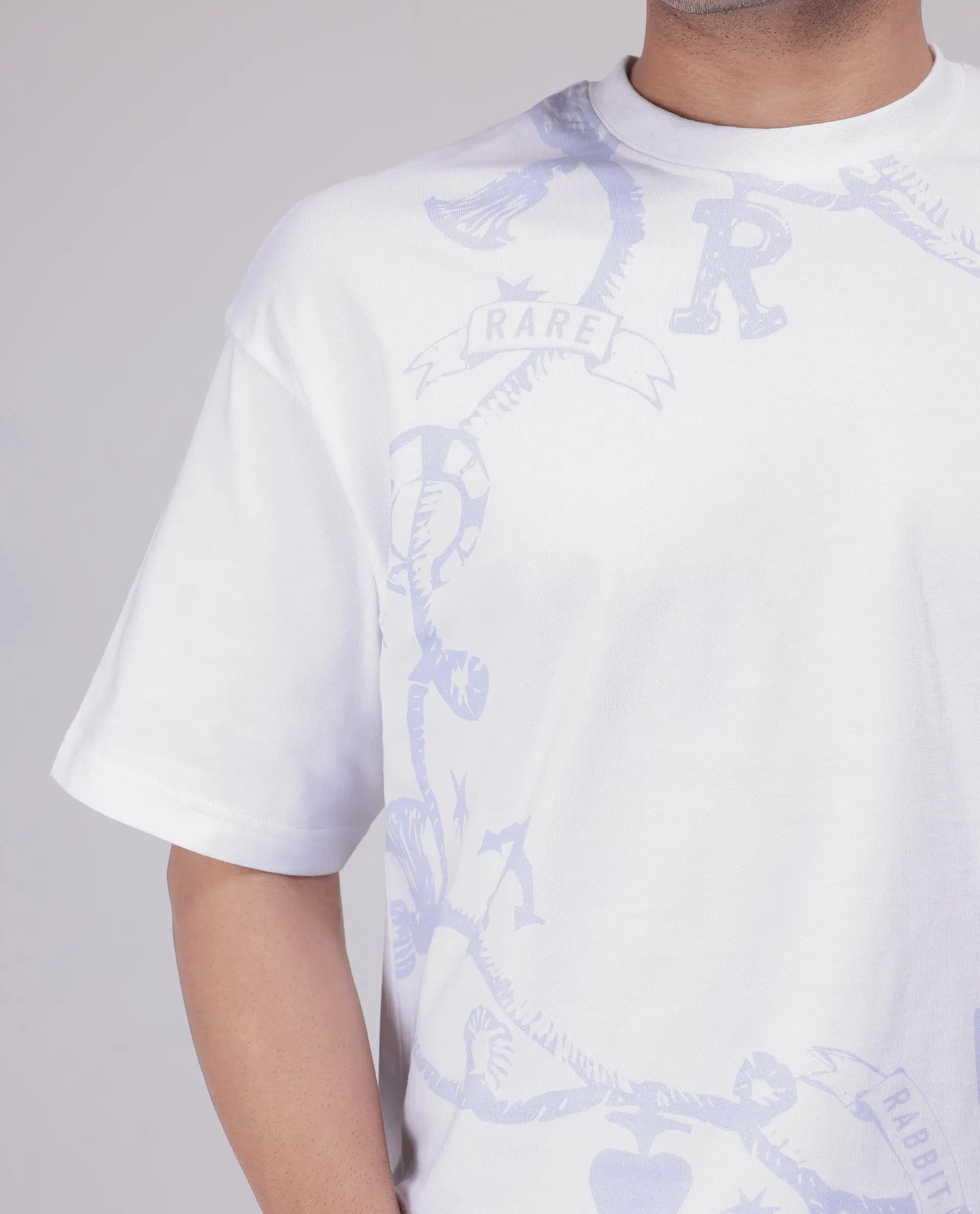 Rare Rabbit Men Xab White Cotton Fabric Short Sleeve Crew Neck Oversized Fit Graphic Print T-Shirt