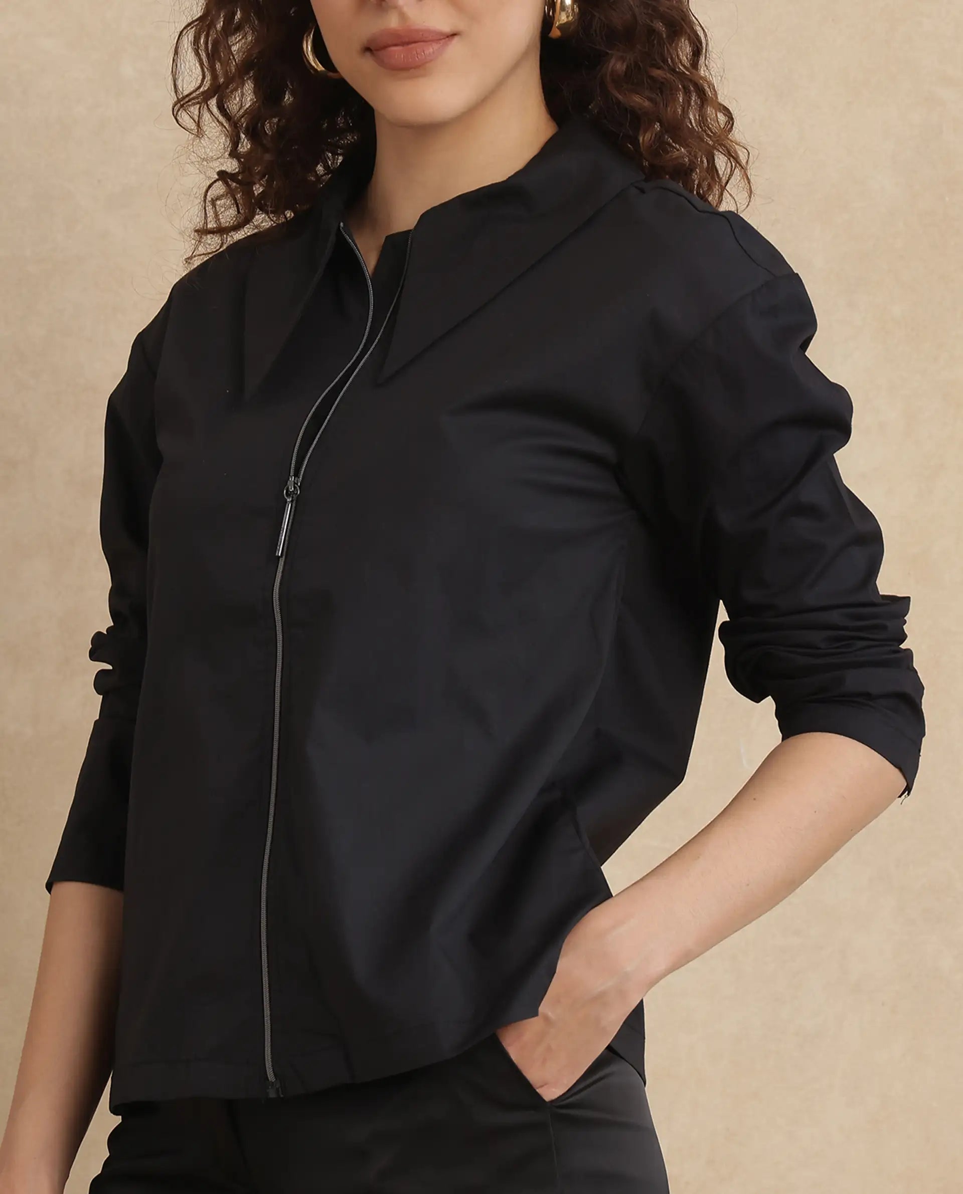 Rareism Women Xan Black Full Sleeve Collared Neck Zipper Closure Plain Top