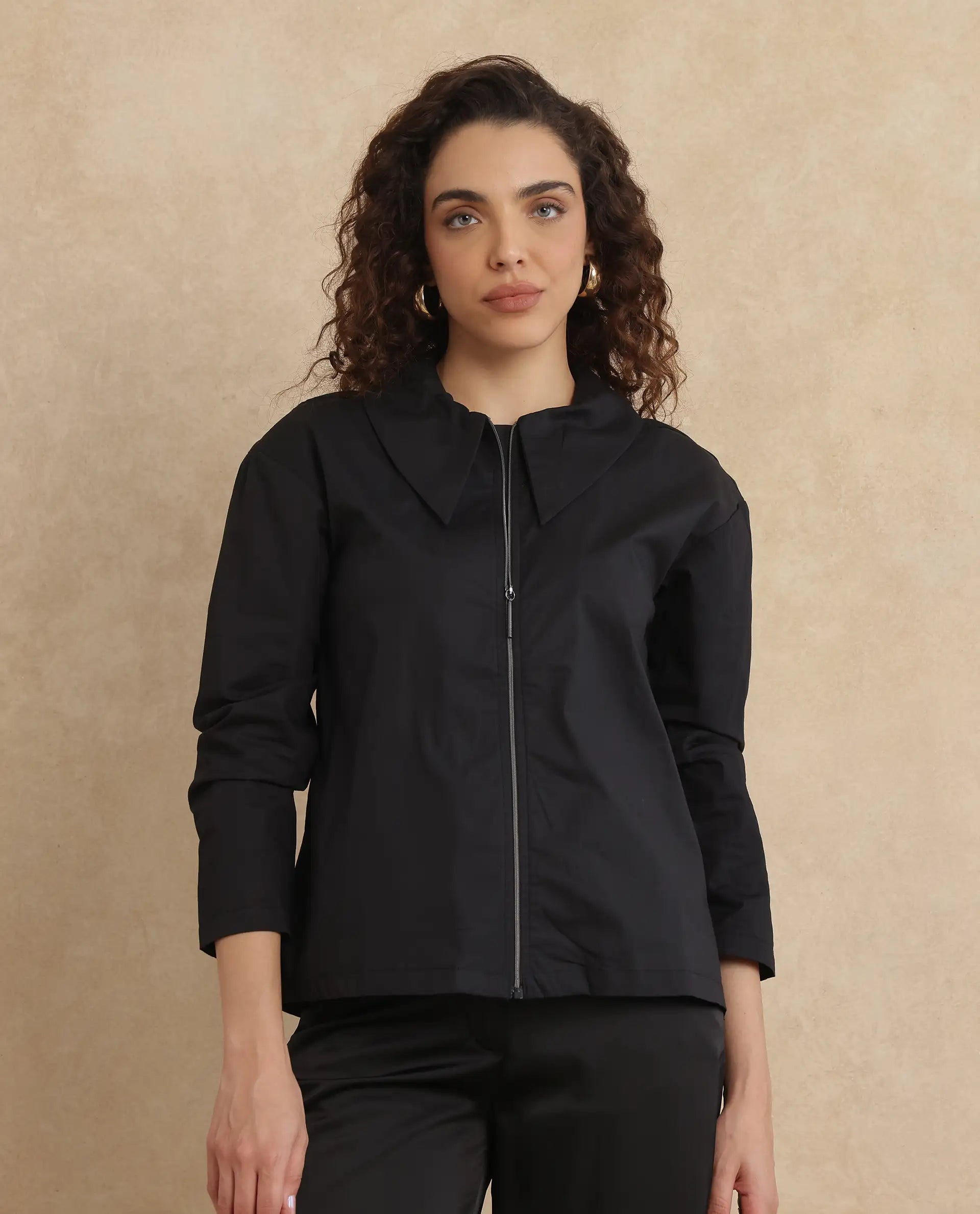 Rareism Women Xan Black Full Sleeve Collared Neck Zipper Closure Plain Top