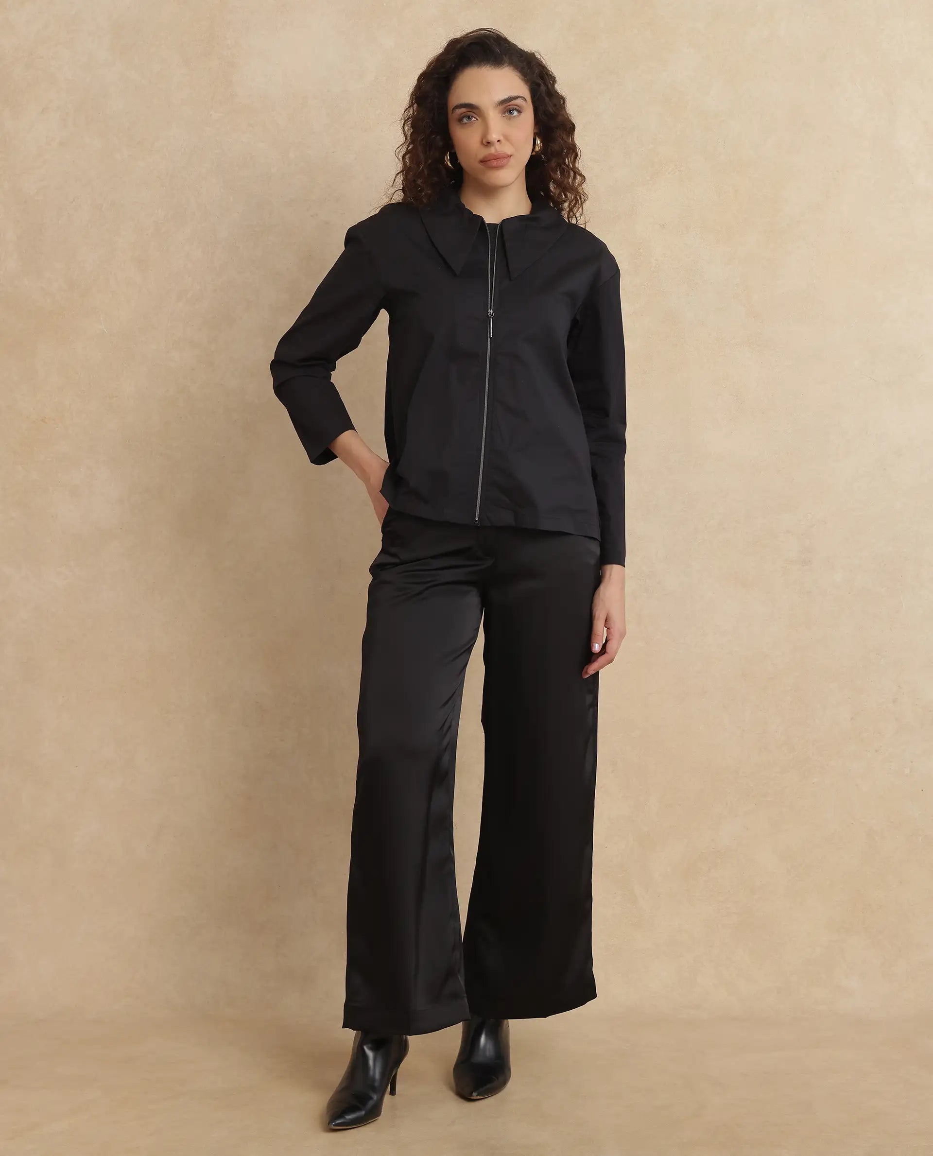 Rareism Women Xan Black Full Sleeve Collared Neck Zipper Closure Plain Top