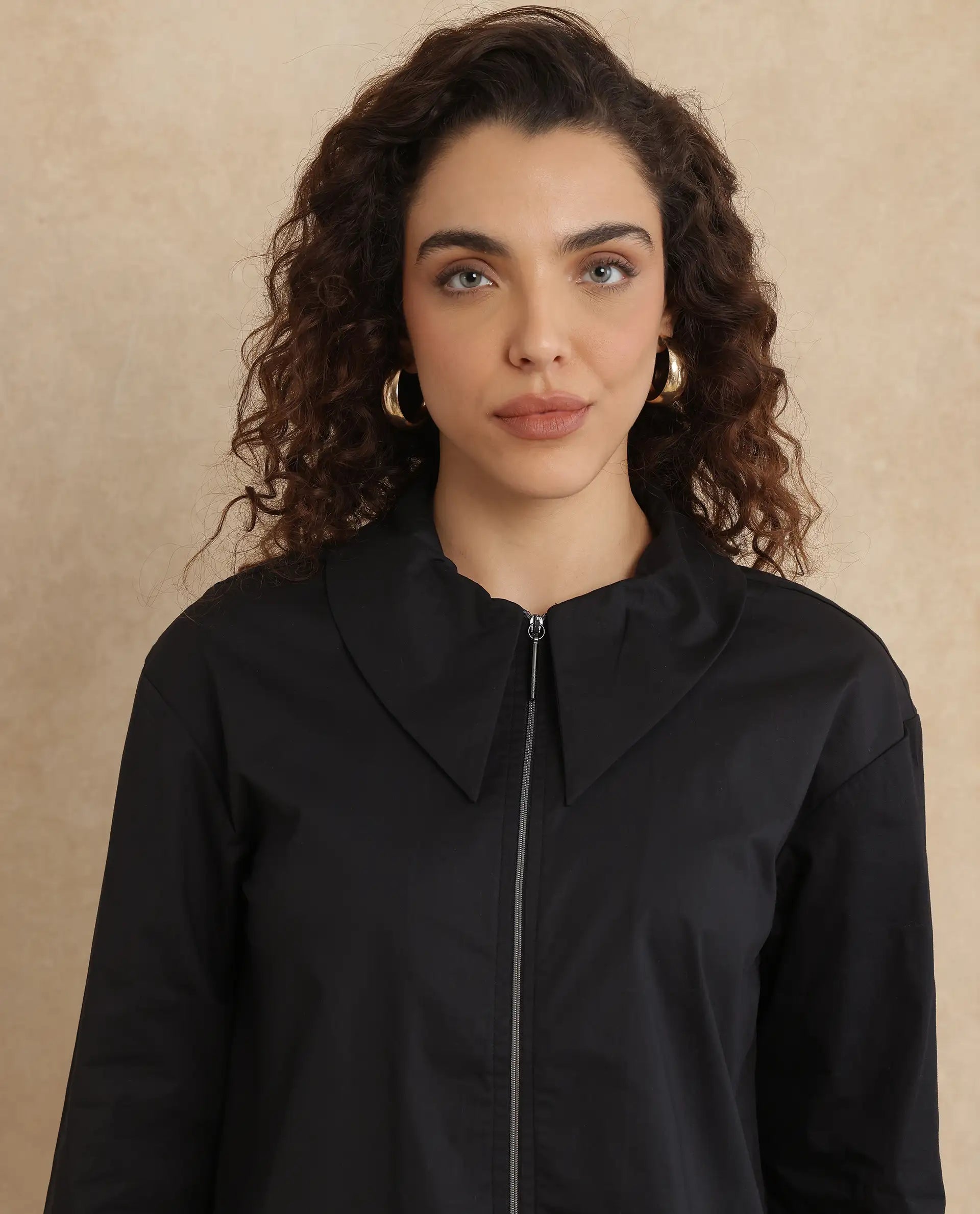 Rareism Women Xan Black Full Sleeve Collared Neck Zipper Closure Plain Top