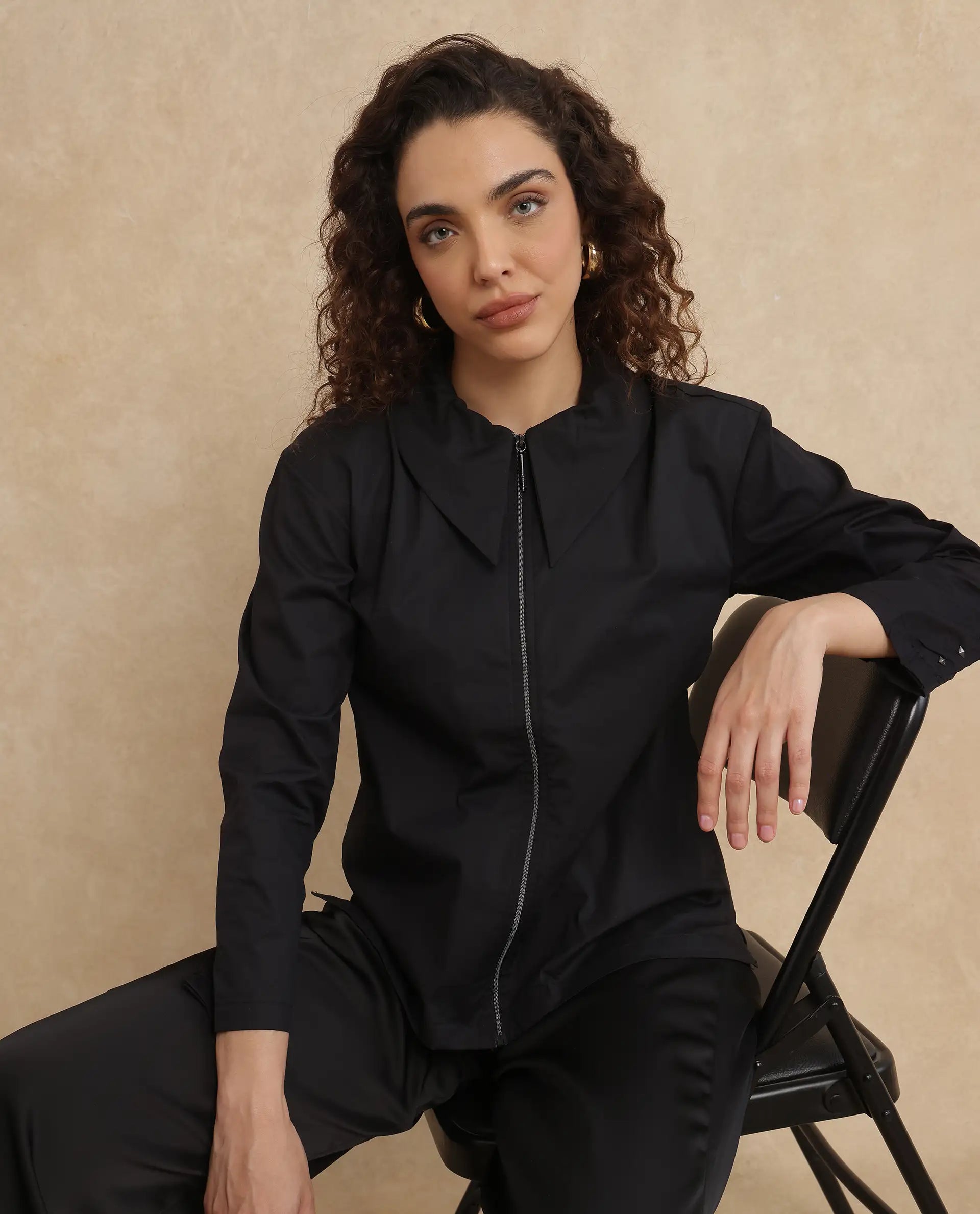 Rareism Women Xan Black Full Sleeve Collared Neck Zipper Closure Plain Top