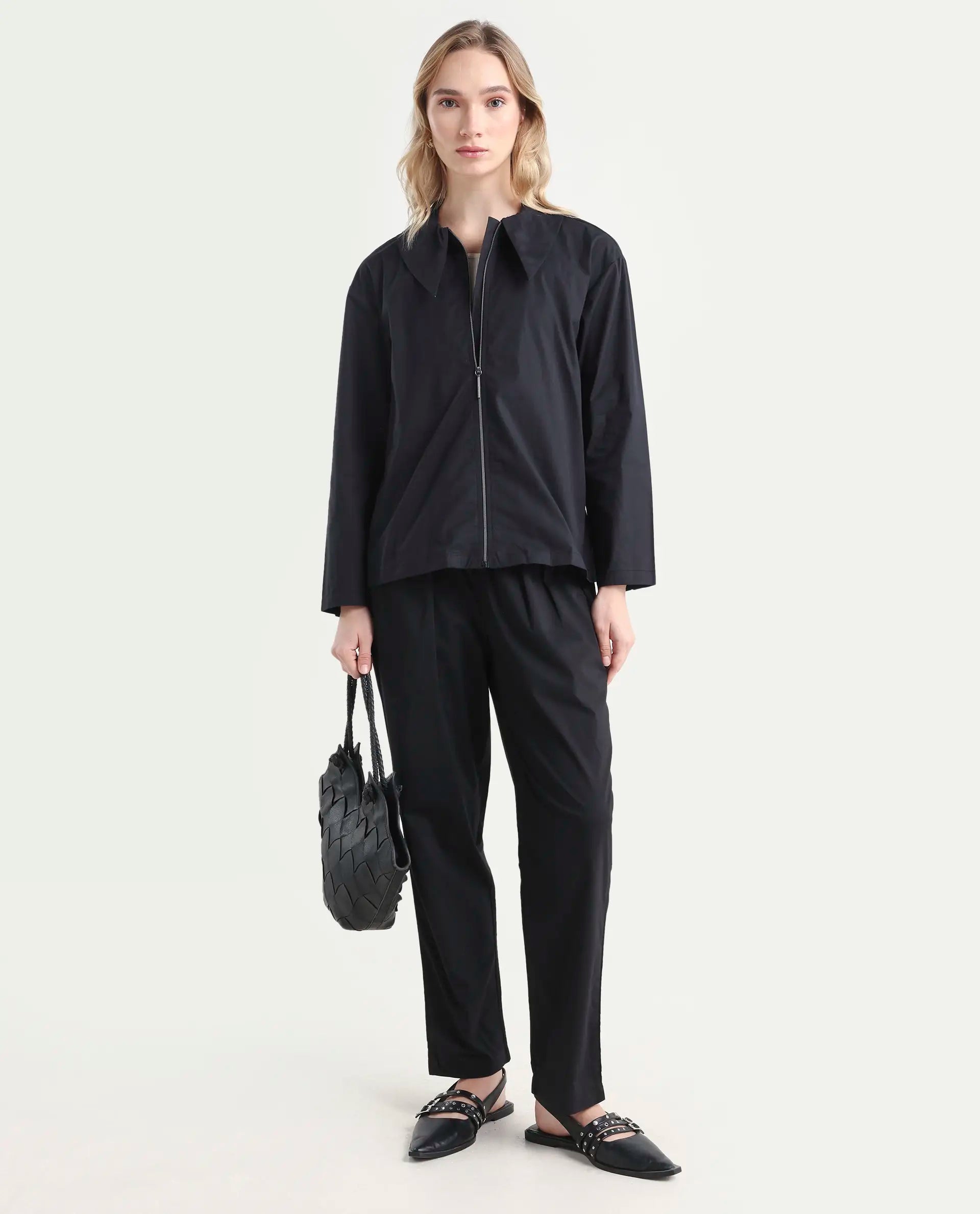 Rareism Women's Xan Black Cotton Spread Collar Plain Regular Fit Top