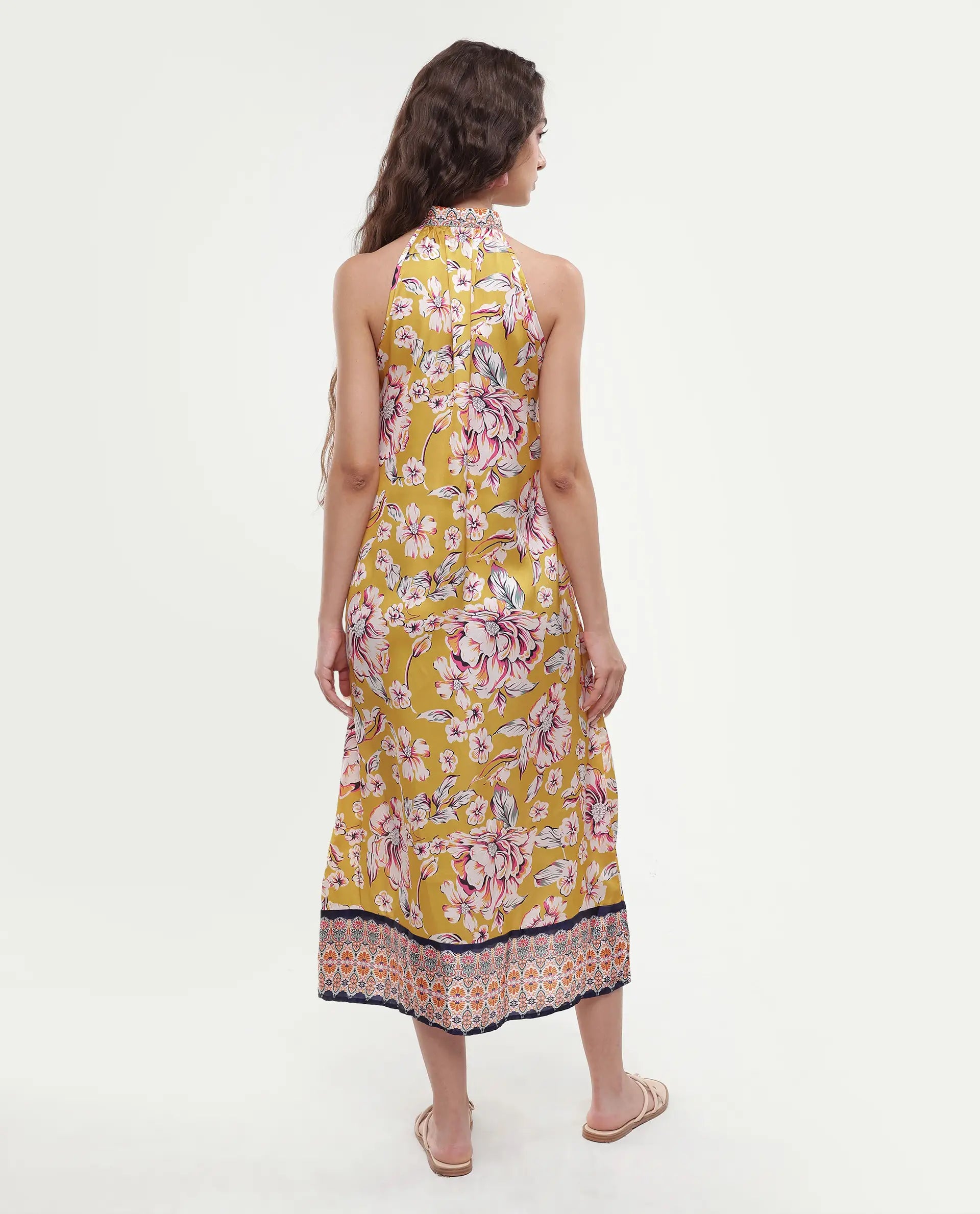Rareism Women's Xander Yellow Polyester Tie-Up Neck Floral Print Sleeveless Maxi Regular Fit Dress