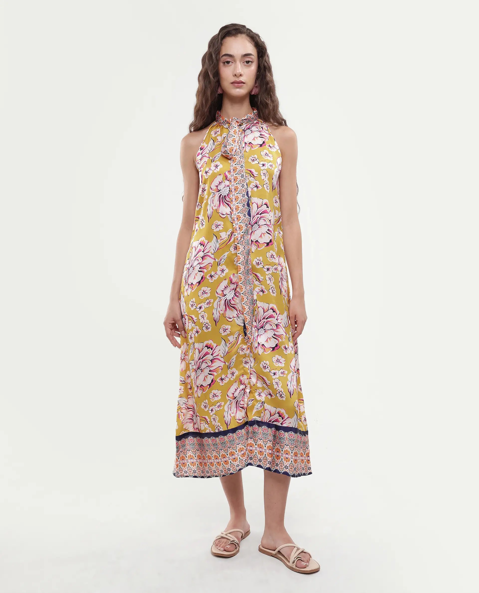 Rareism Women's Xander Yellow Polyester Tie-Up Neck Floral Print Sleeveless Maxi Regular Fit Dress