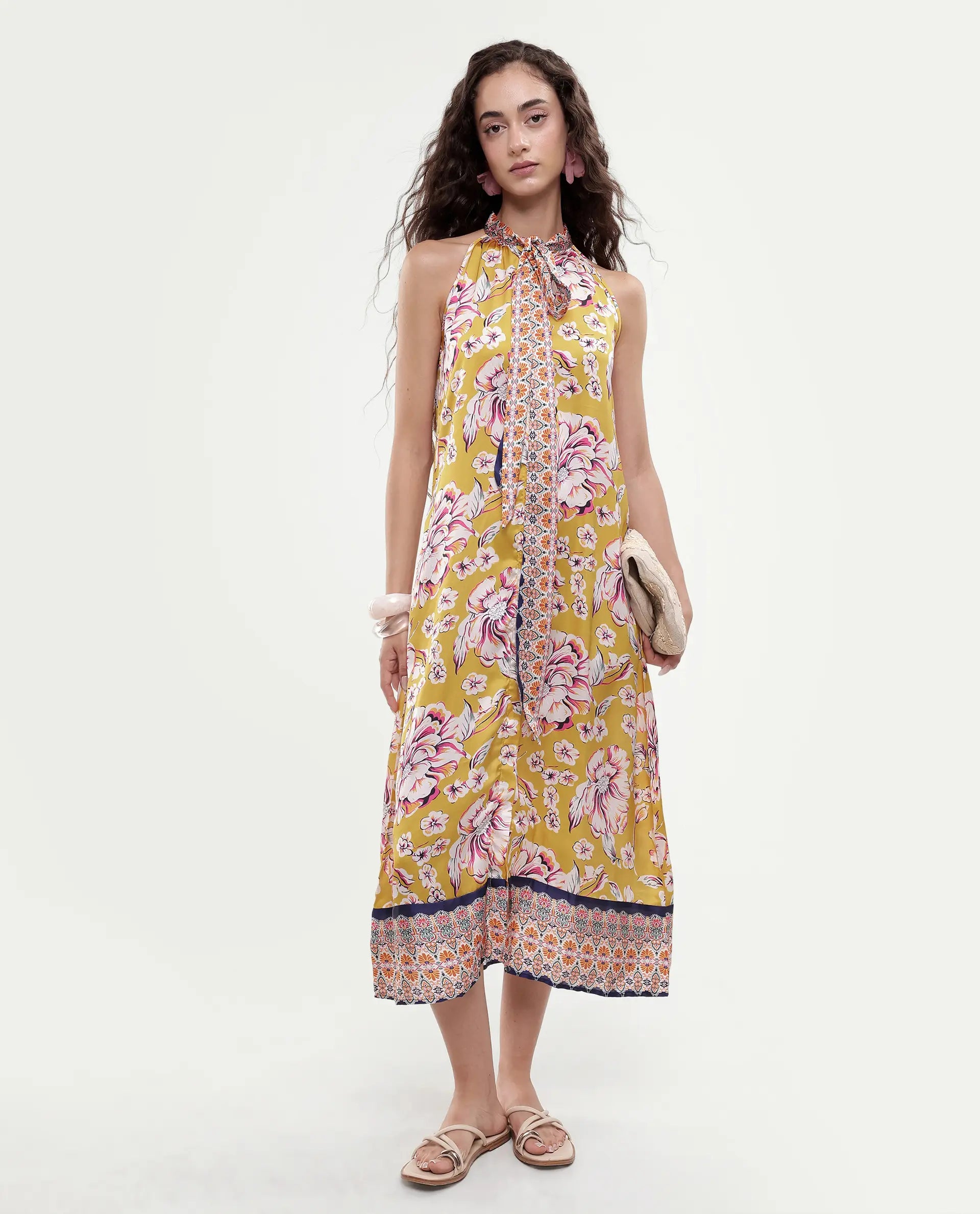 Rareism Women's Xander Yellow Polyester Tie-Up Neck Floral Print Sleeveless Maxi Regular Fit Dress