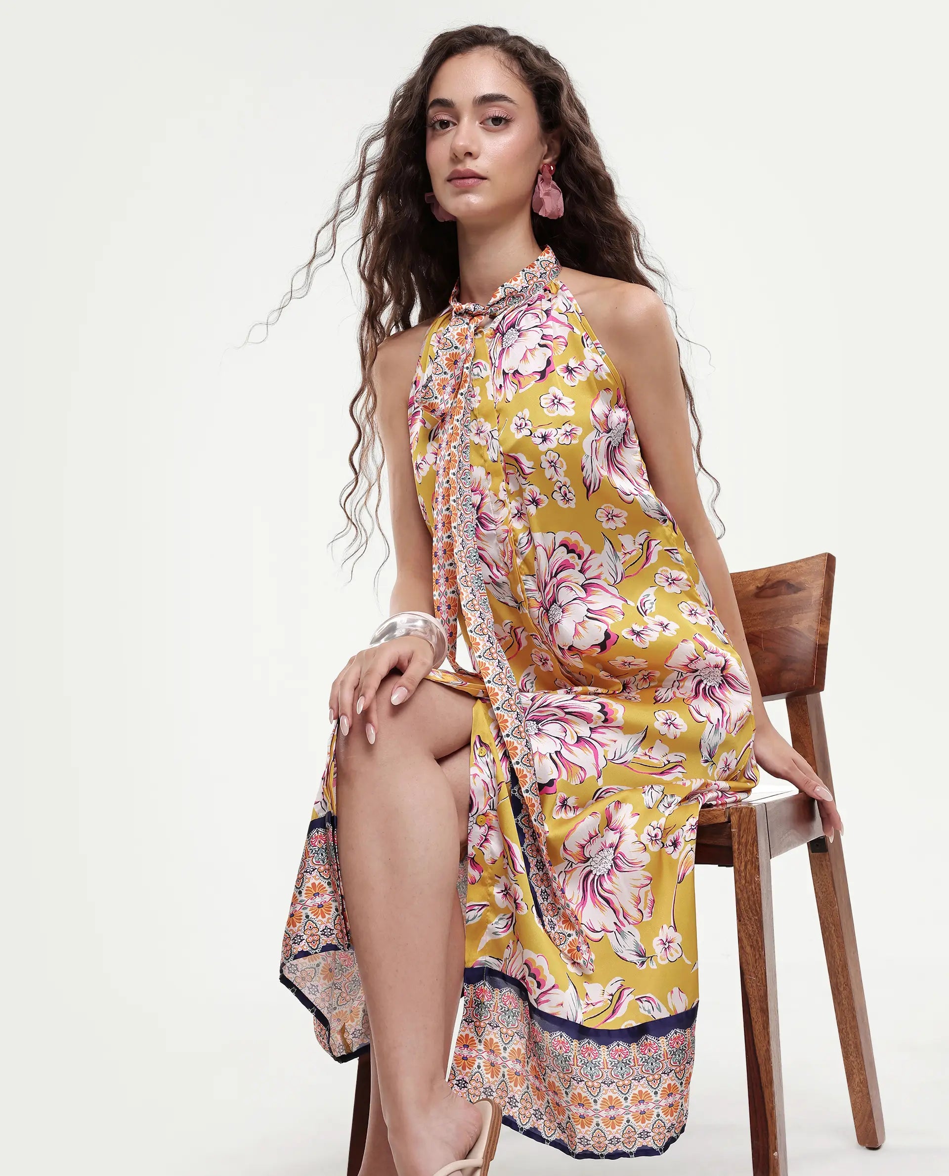 Rareism Women's Xander Yellow Polyester Tie-Up Neck Floral Print Sleeveless Maxi Regular Fit Dress