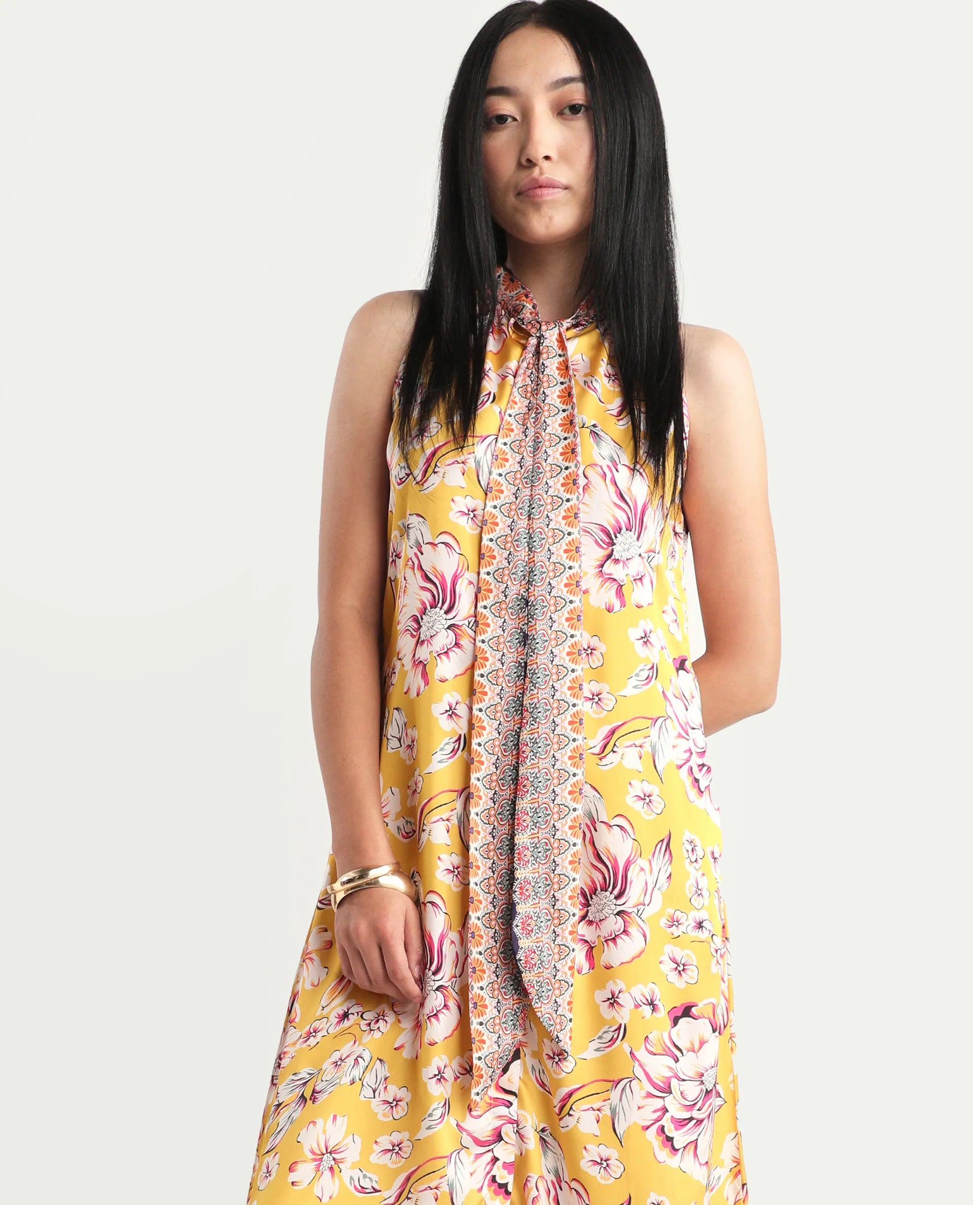 Rareism Women's Xander Yellow Polyester Tie-Up Neck Floral Print Sleeveless Maxi Regular Fit Dress