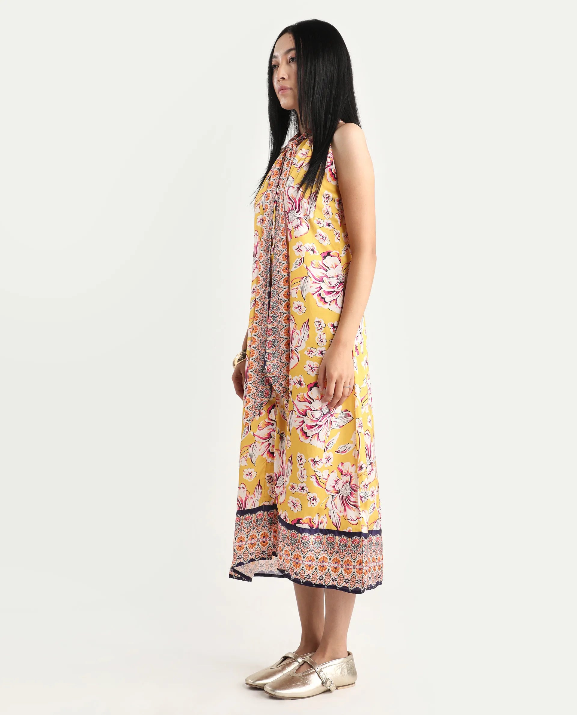 Rareism Women's Xander Yellow Polyester Tie-Up Neck Floral Print Sleeveless Maxi Regular Fit Dress