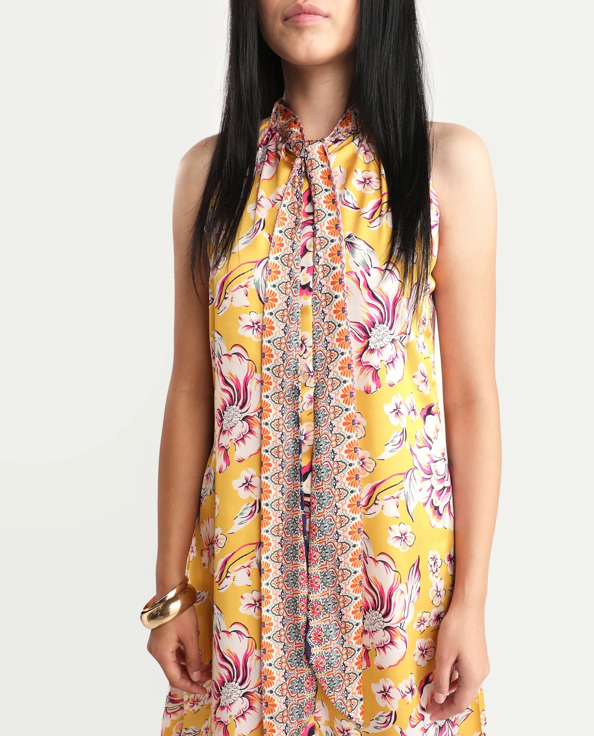 Rareism Women's Xander Yellow Polyester Tie-Up Neck Floral Print Sleeveless Maxi Regular Fit Dress