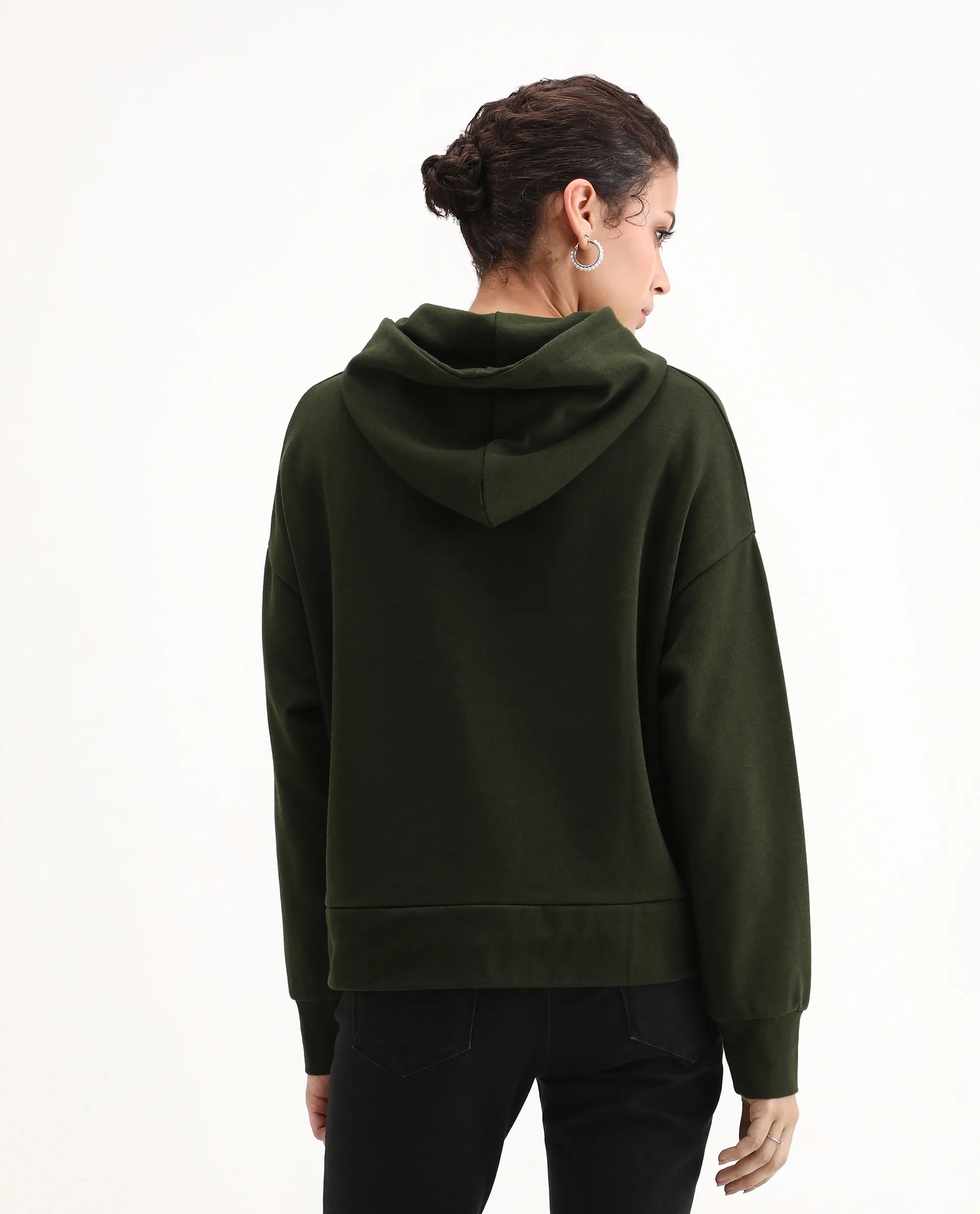 Rareism Women's Xan Dark Olive Cotton Blend Hooded Relaxed Fit Printed Sweatshirt