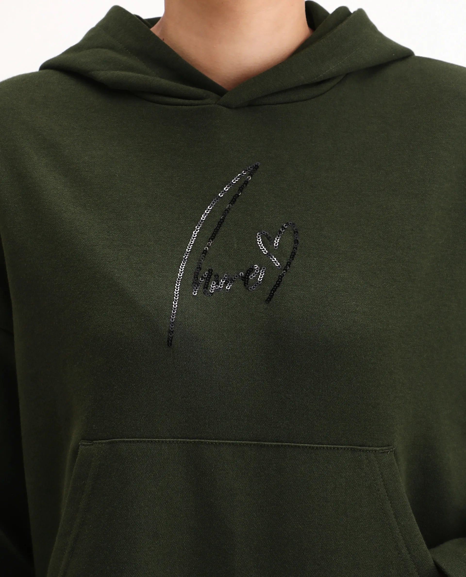 Rareism Women's Xan Dark Olive Cotton Blend Hooded Relaxed Fit Printed Sweatshirt